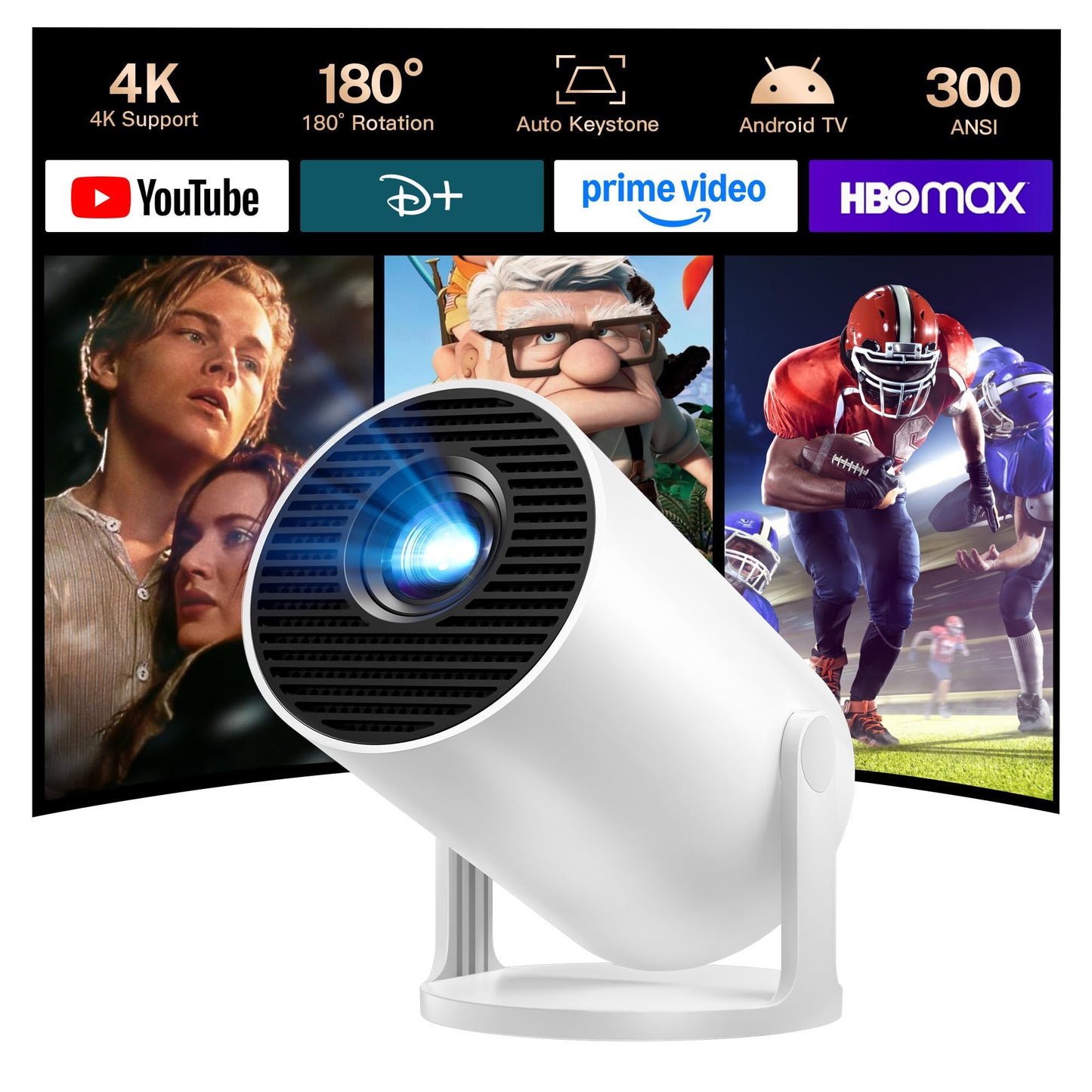 LYNCAST Mini Projector Portable Small Projecteur Portatif [Built-in Apps & 2026 Upgraded] Smart Movie Projector with WiFi 6 and Bluetooth 5.4 Auto Keystone, Compatible with HDMI/USB/iOS HY300Pro+