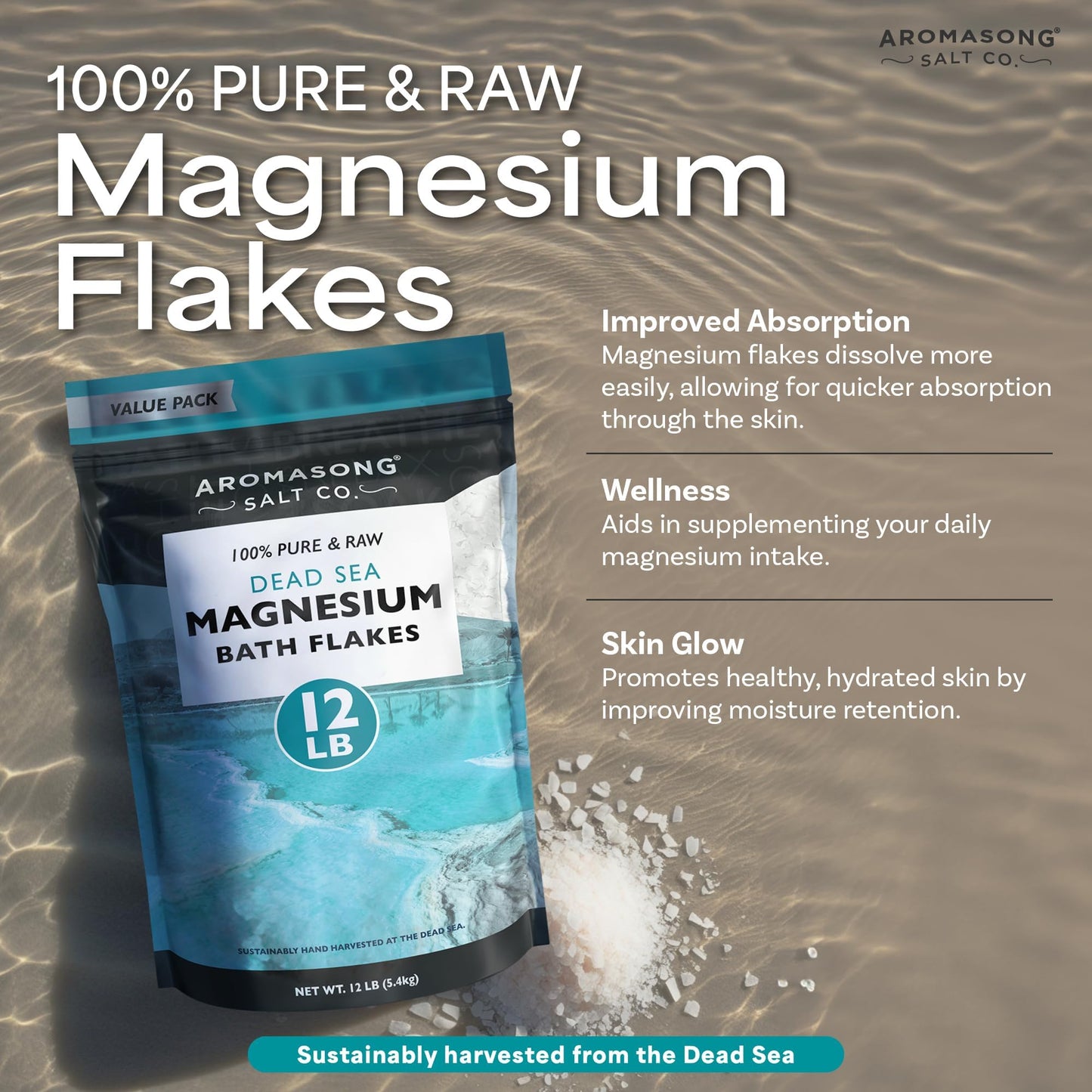 Aromasong Magnesium Flakes, 100% Pure, from The Dead Sea, Highly Concentrated Raw Magnesium Bath Soak, 5443g