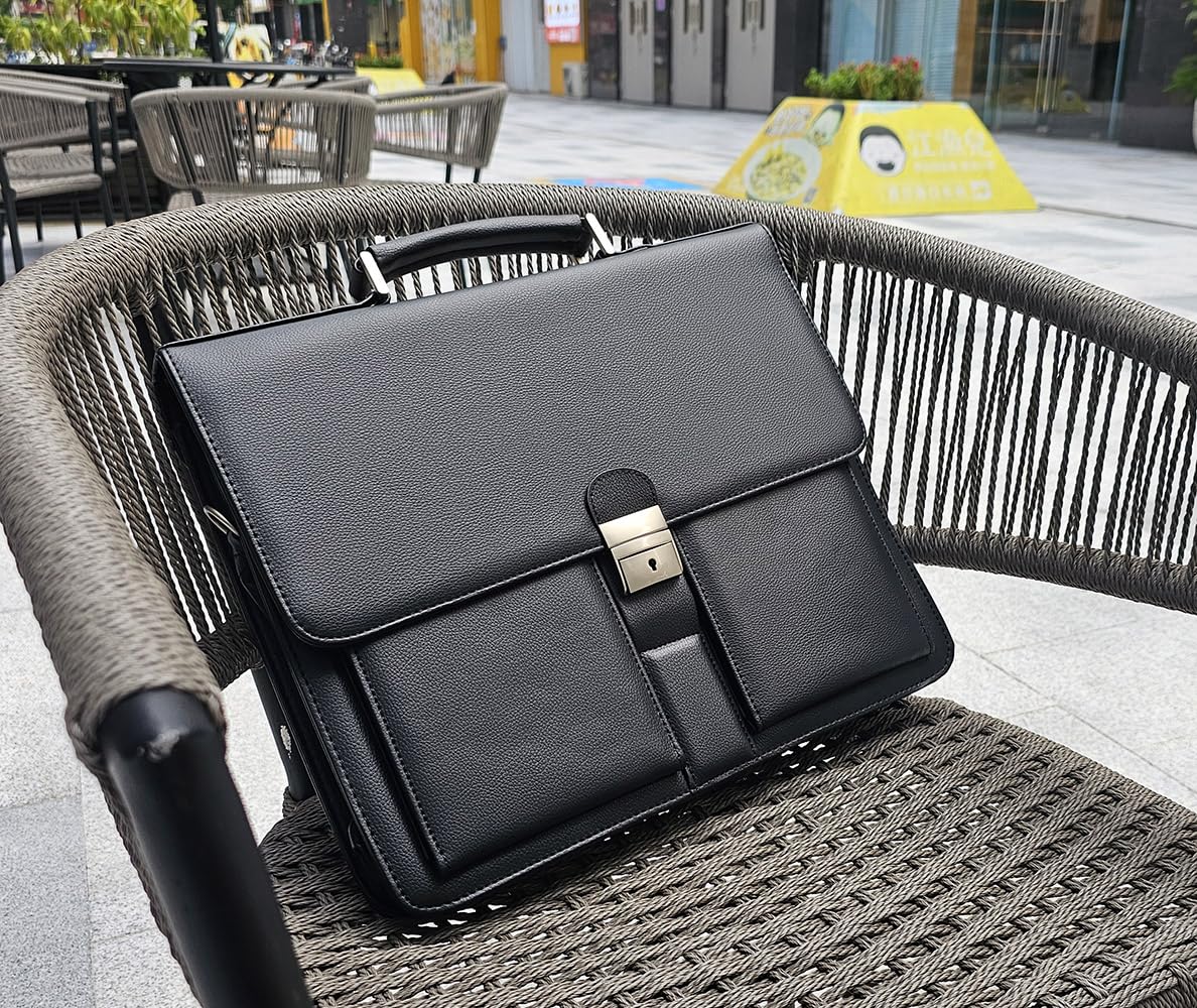 Mens Leather Briefcases Office Attorney Attache Case Ideal Gift Messenger Bag w/Padded Compartment for 14" Laptop, Black