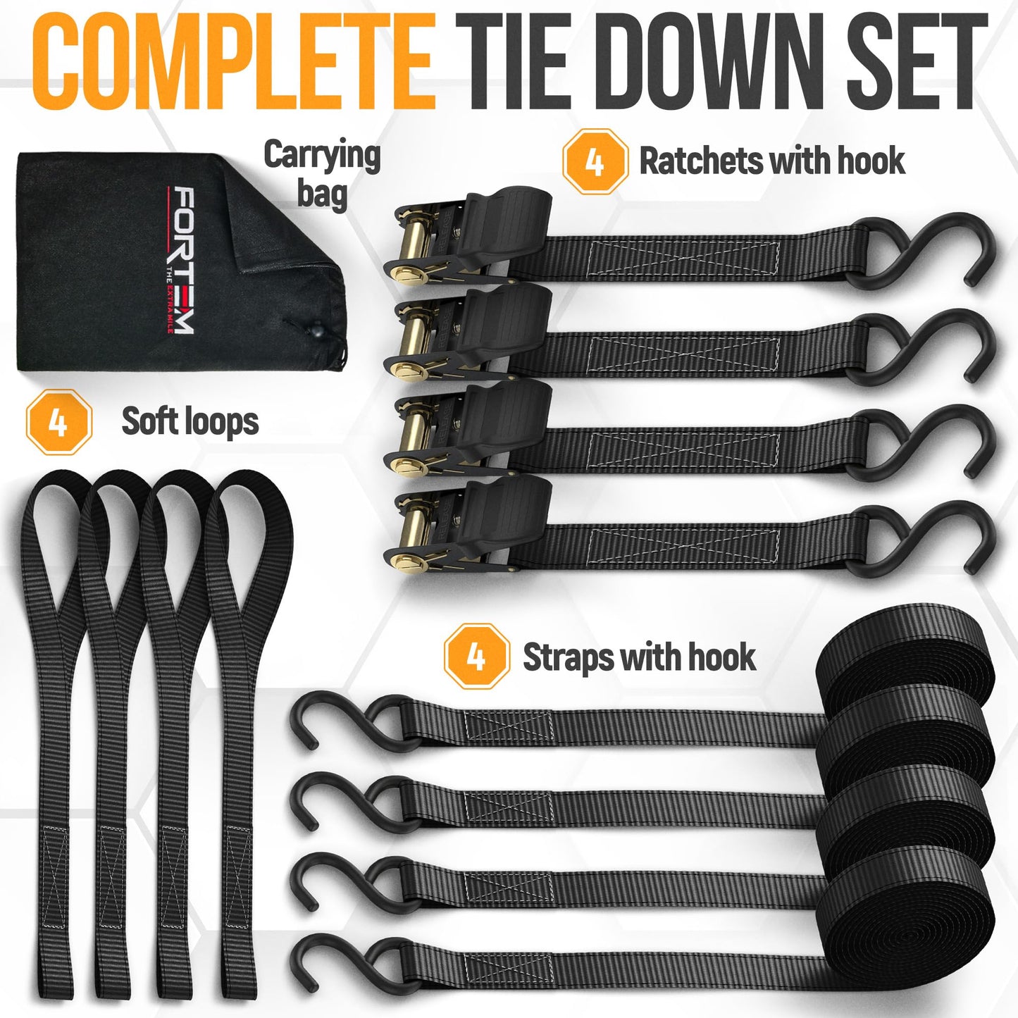 FORTEM Ratchet Straps, 748kg Break Strength, 4 4.57M Tie Down Strap Set, 4 Soft Loops, Motorcycle Straps Tie Downs, Cargo Straps for Trucks, Rubber Handles, Coated Metal Hooks, Carry Bag