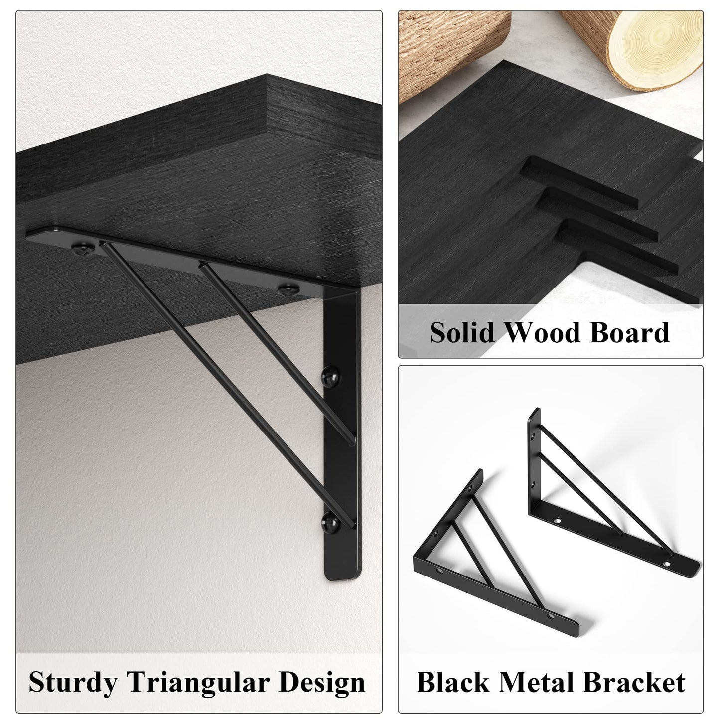 Love-KANKEI Corner Shelf Wall Mounted, Floating Wall Shelves for Storage, Rustic Wood Hanging Shelves for Display, Bathroom Kitchen Bedroom Living Room, Set of 4, Black