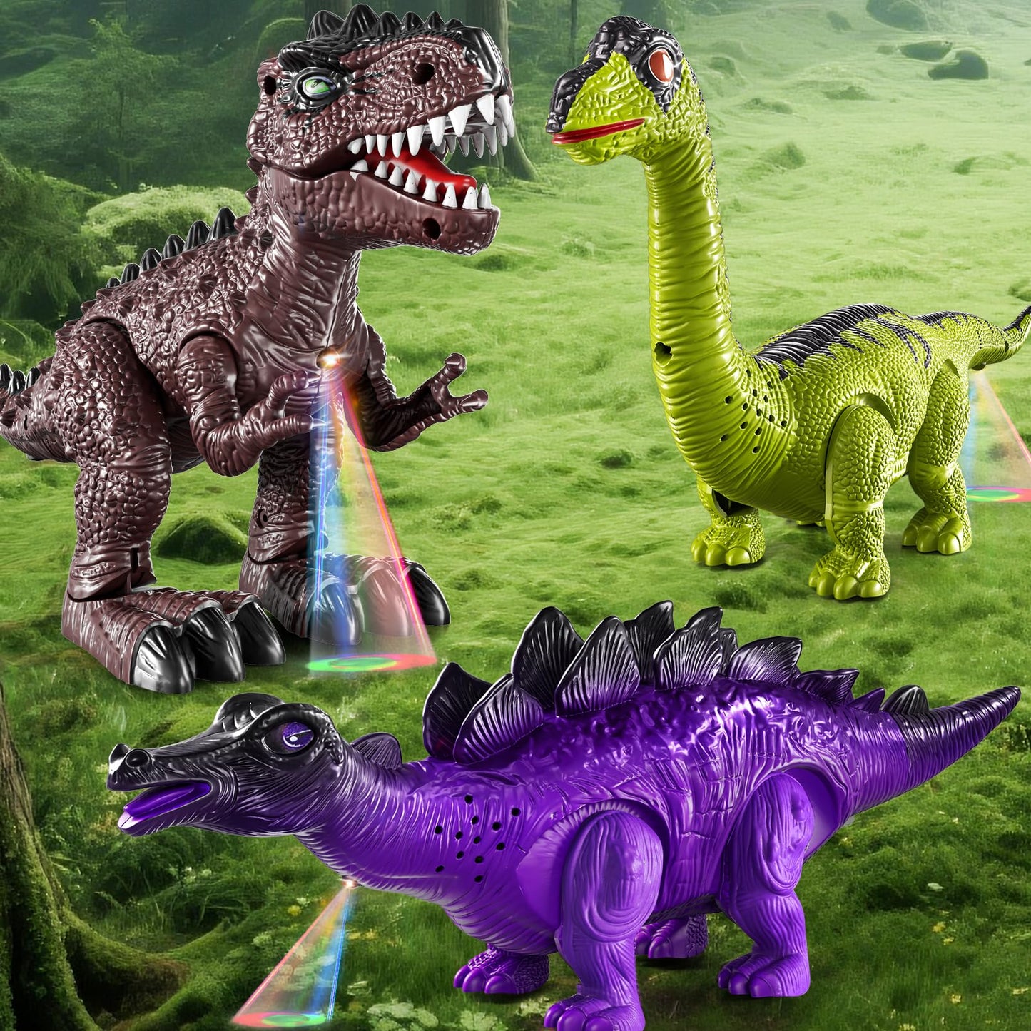 BLmukce 3-Pack Electronic Walking Dinosaur Toys for Toddlers 2-4, Moving Dinosaurs Toys with Lights, Roaring Sounds, T-Rex, Brachiosaurus & Stegosaurus, Xmas Birthday Gift for 2 3 4 5 6 Years Old Boys