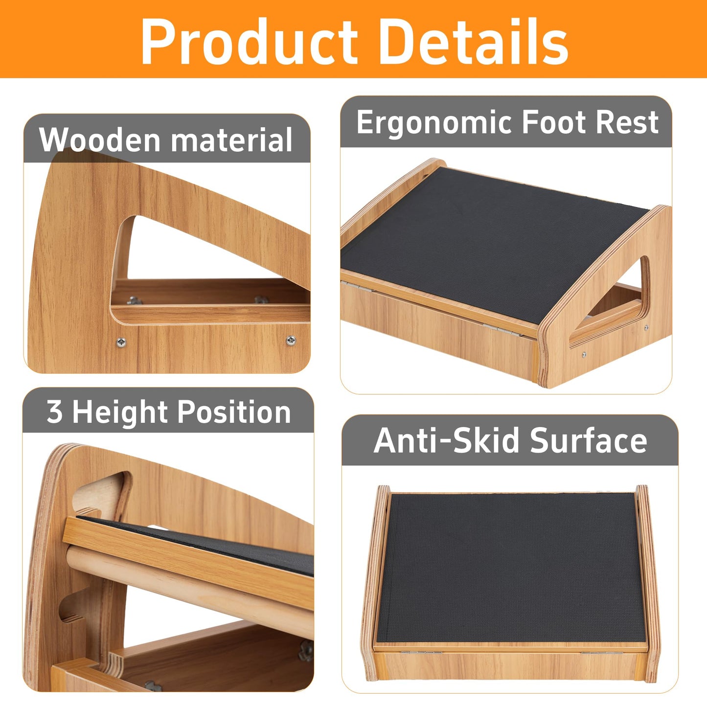 AKOZLIN Adjustable Footrest Under Desk Wooden with Comfort Anti-Slip Surface 3 Height Position Foot Pedal Ergonomic Posture Support Adjustable Foot Stool for Office and Home