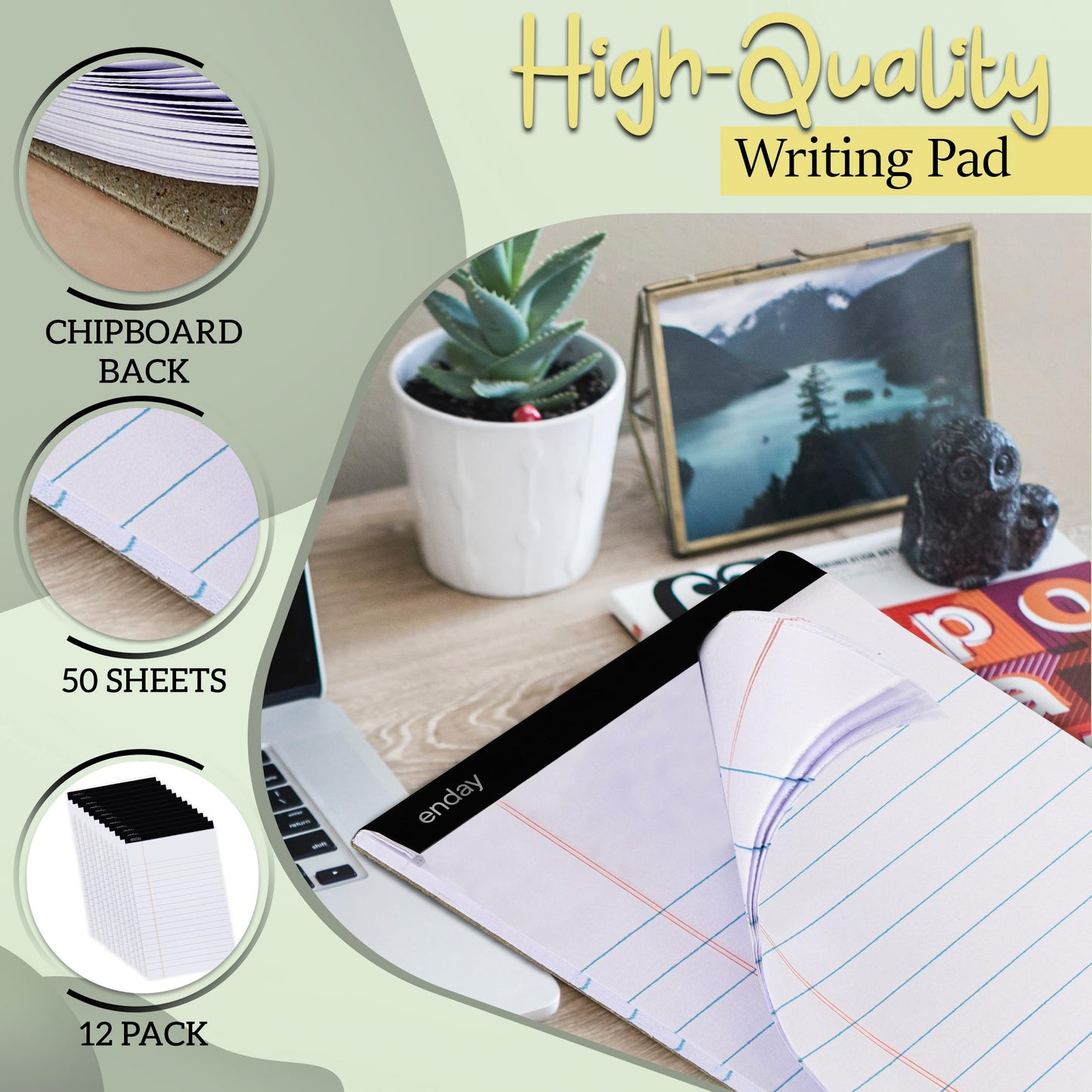 Enday Legal Pads 8.5 x 11 Inch, (12 Pack) 50 Sheets per Notepad, Note Pads, Legal Ruled Writing Pad with Perforated Pages, White Paper Legal Pad for Work and Note-Taking