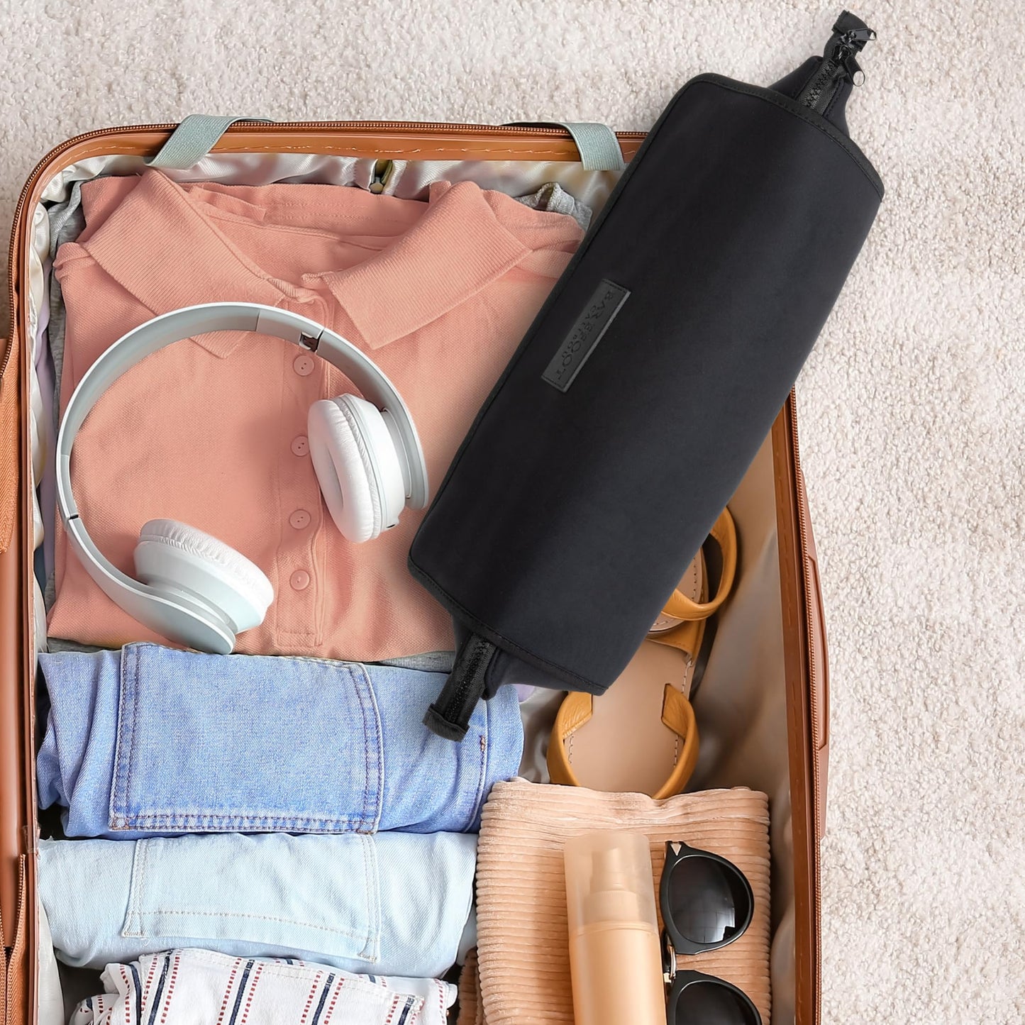 BAREFOOT CARIBOU Hair Tools Travel Bag and Heat Resistant Mat for Flat Irons, Straighteners, Curling Iron, and Haircare Accessories, 2-in-1 Design, with Interior Pockets, Portable Organizer (Black)