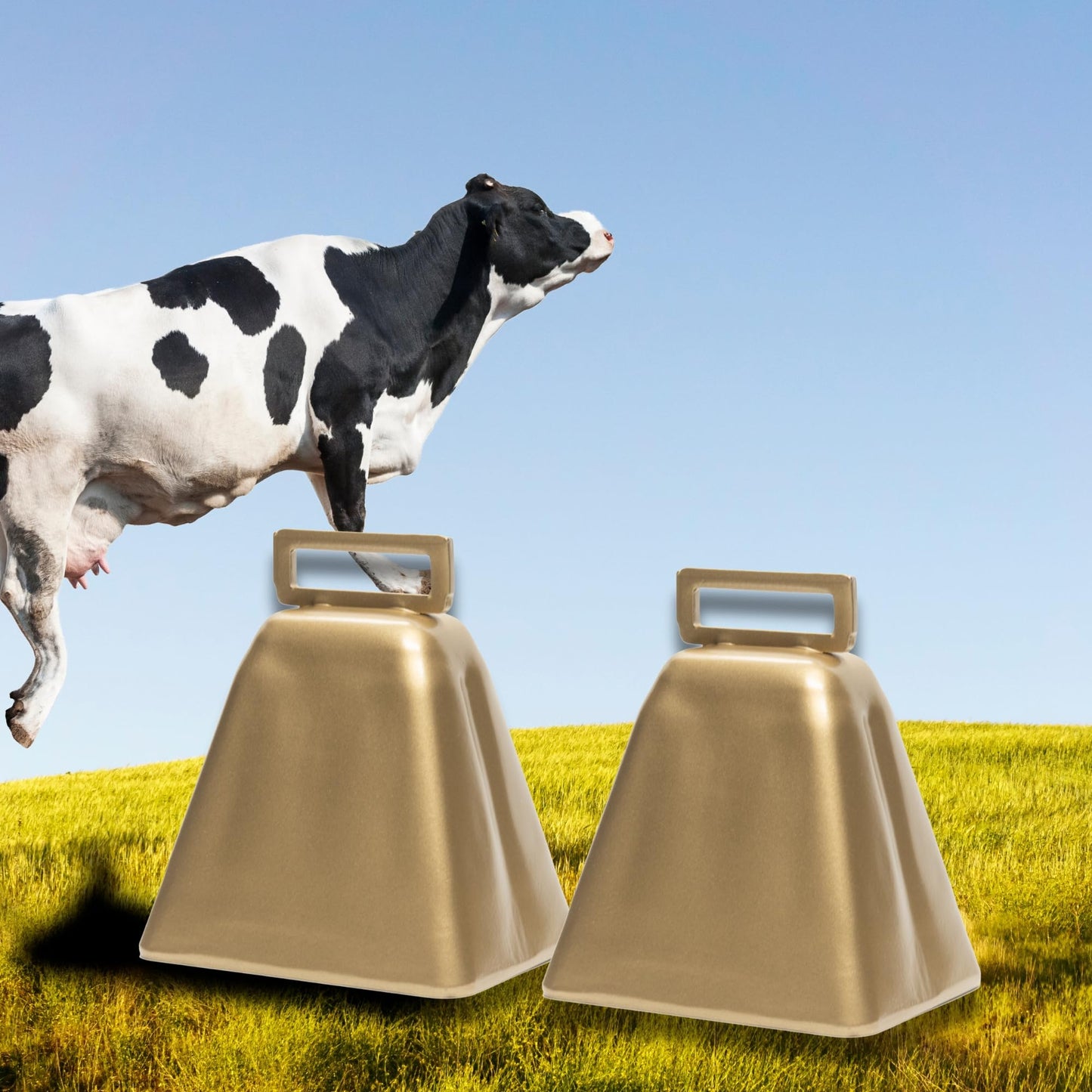 Bevin Bells Long Distance Cow Bells 10LD (Gold & Gold) | Christmas Bells | Made from Steel | Loud Noise Makers | w/White Strap Around The Handle | Easier to Hold | Made in CT, USA