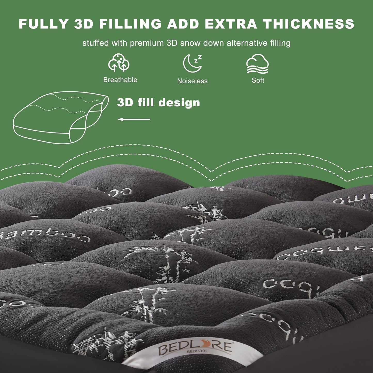 BEDLORE Full Mattress Topper Viscose Derived from Bamboo,Thick Pillow Top Mattress Pad,Deep Pocket Fits Mattress 6"-15",Soft Breathable Mattress Cover for Back Pain Relief
