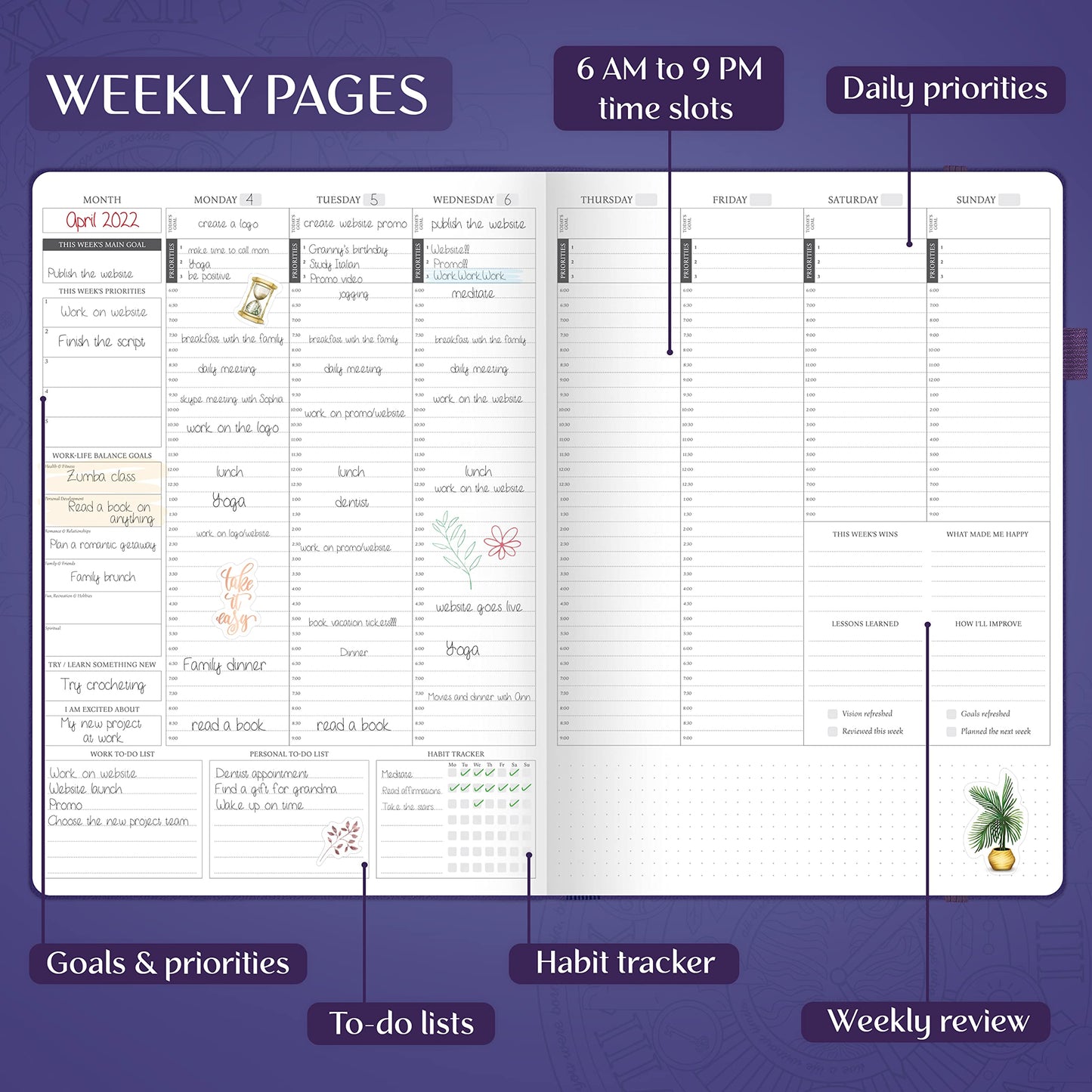 Legend Hourly Planner PRO Premium – Large Undated Schedule Planner with Time Slots – Personal & Work Organizer for Daily, Weekly & Monthly Planning – Time Management Planning – A4 Size (Purple,