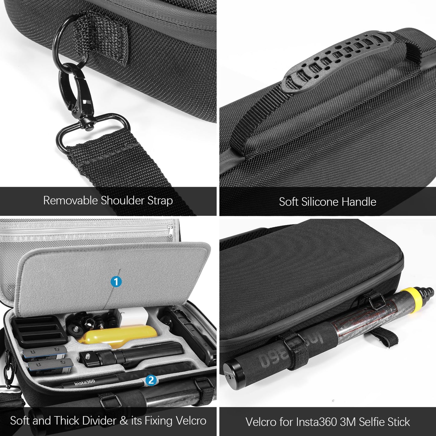 Carrying Case for Insta360 X5 Accessories, Portable Insta 360 X5 X4 Action Camera Waterproof Carry Bag with Shoulder Strap for Travel, Compatible with Insta360 X4, 3M 9.8ft Selfie Stick, Black