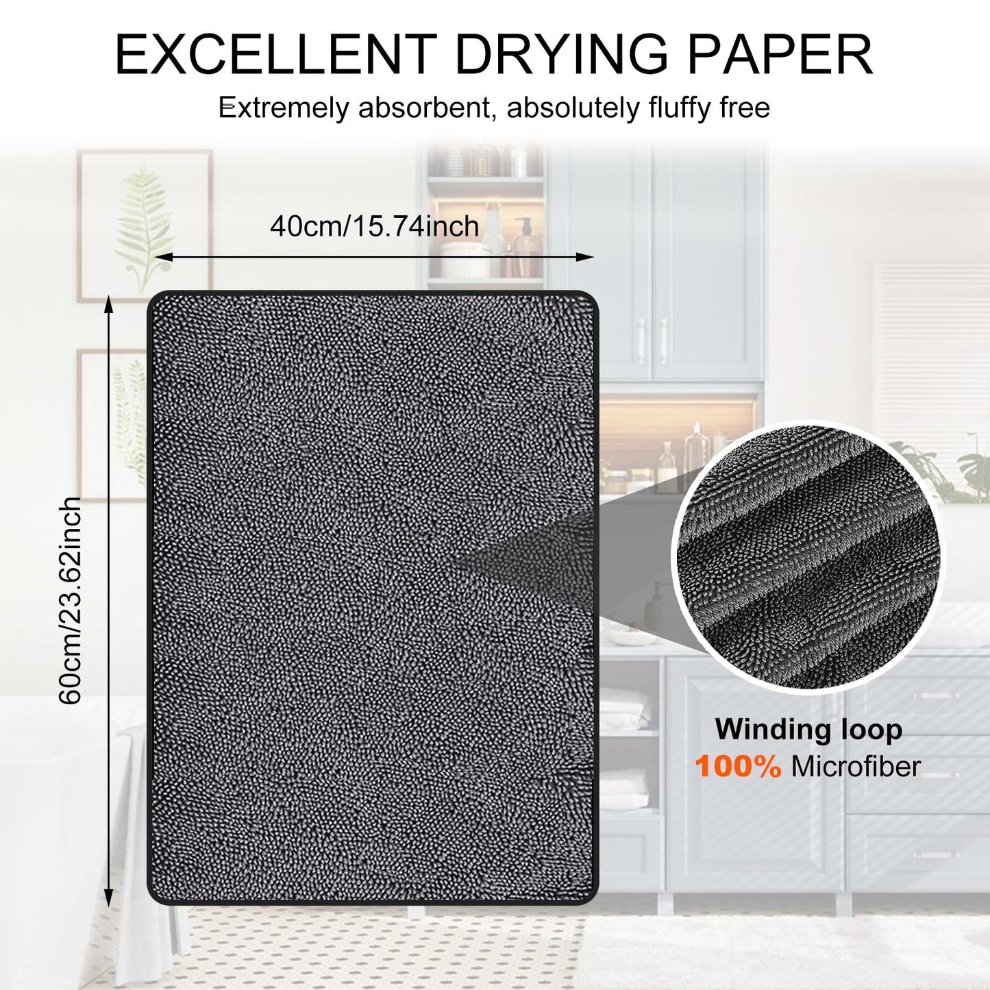 Longzhuo Shiny Microfiber Cleaning Cloths for Shower, Windows, Car, Home, and Office - 3pc Super Absorbent Bath Drying Towels (Gray)