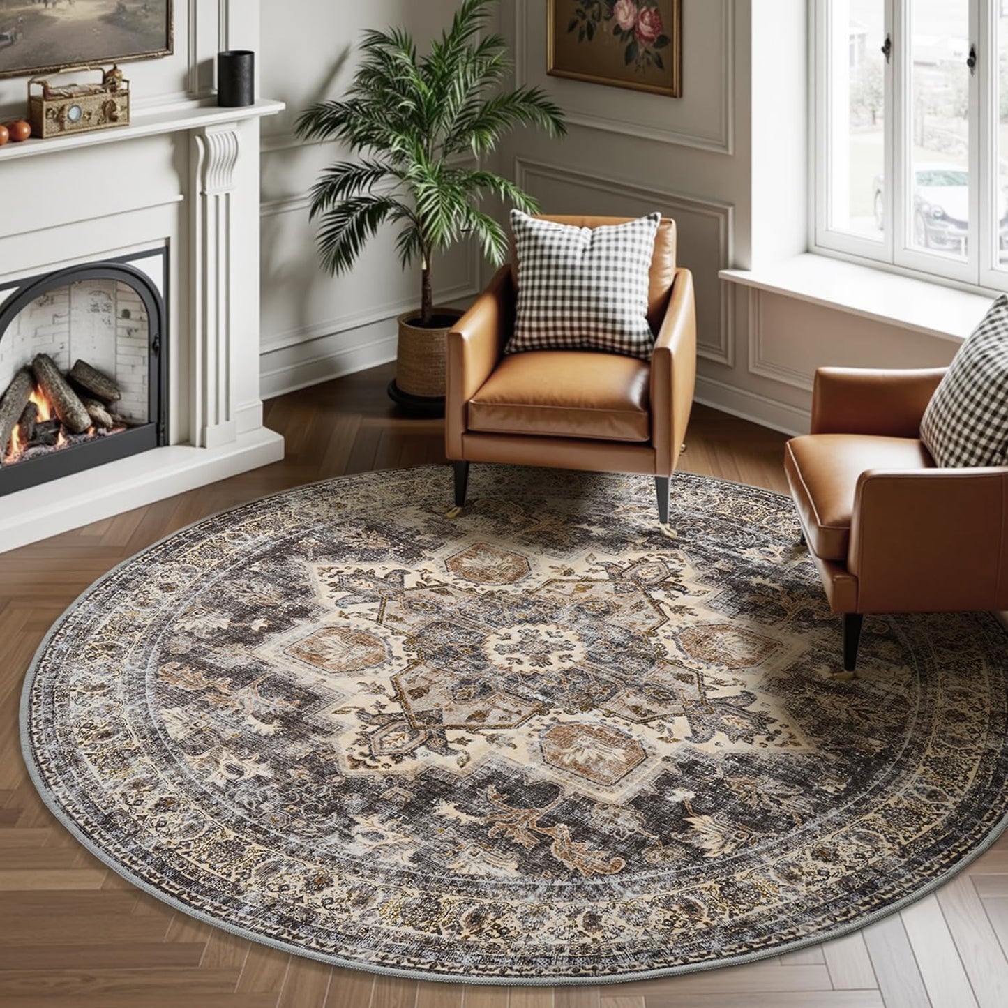 Round Rug 6x6 Low Pile Brown Vintage Round Area Rug for Living Room-Soft Round Carpet for Throw Nursery Balcony Bedroom Dining Room Home Office Sofa Rugs