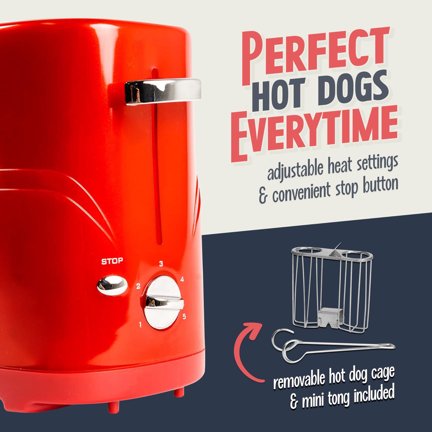 Nostalgia 2 Slot Hot Dog and Bun Toaster with Mini Tongs, Hot Dog Toaster Works with Chicken, Turkey, Veggie Links, Sausages and Brats, Retro Red