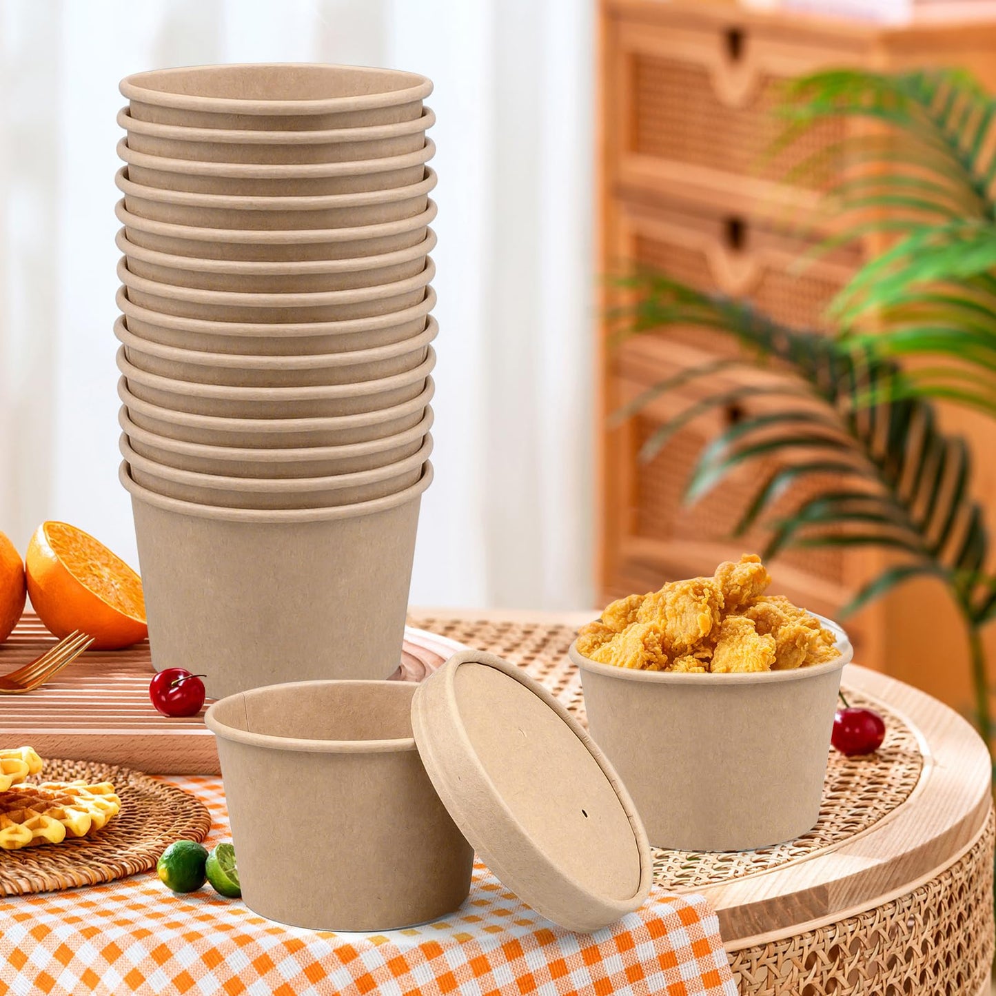100 Pcs 8oz Disposable Soup Containers with Lids, Ice Cream Cups Kraft Paper Cups with Vented Lids, Heavy Duty to Go Soup Bowls Food Storage Containers for Ice Cream, Yogurt, Cold and Hot Foods