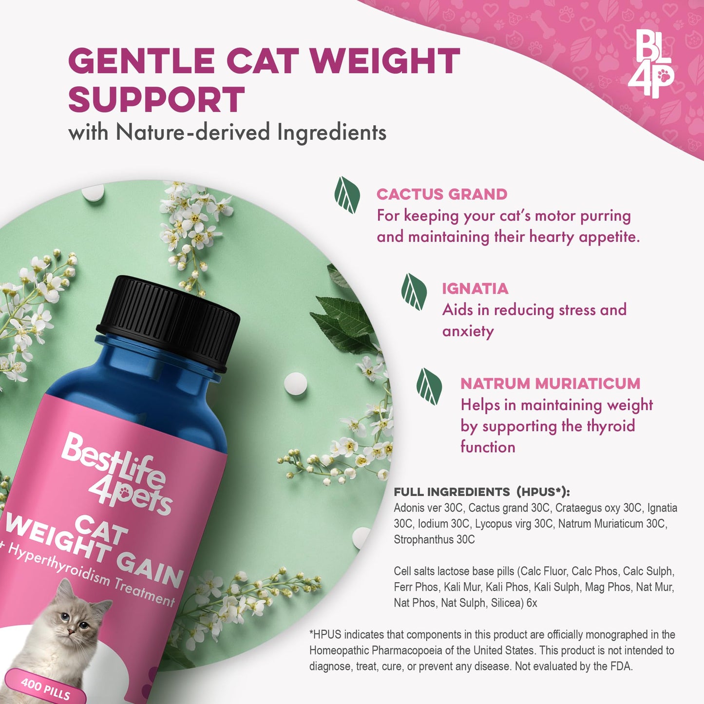 Cat Weight Gain & Hyperthyroidism Treatment, Safe and Effective Cat Appetite Stimulant, Thyroid and Metabolic Support, Weight Management Remedy, 400 All-Natural Odorless, Tasteless Pills