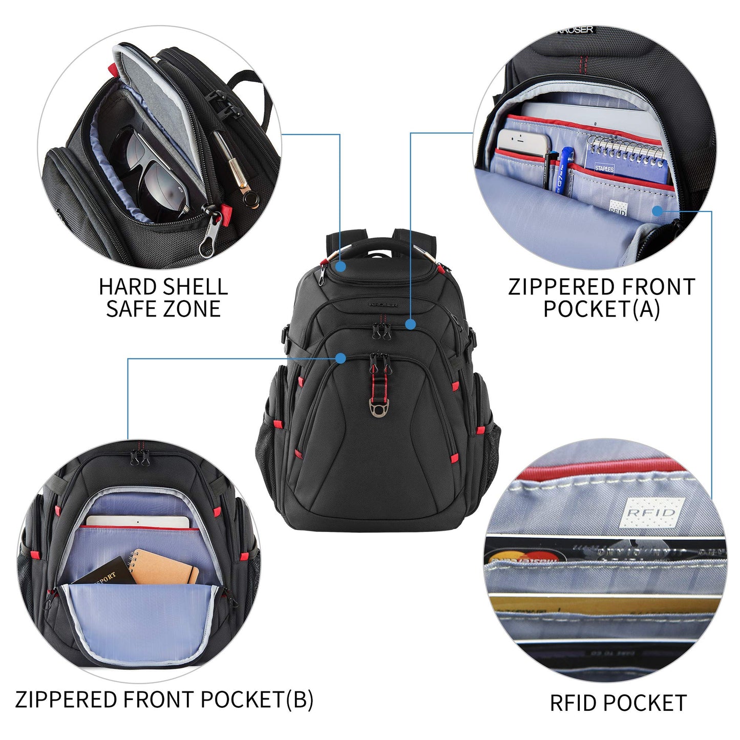 KROSER Travel Laptop Backpack 17.3 Inch XL Heavy Duty Computer Backpack with Hard Shell Saferoom RFID Pockets Water-Repellent Business College Daypack Stylish School Laptop Bag for Men/Women-Black