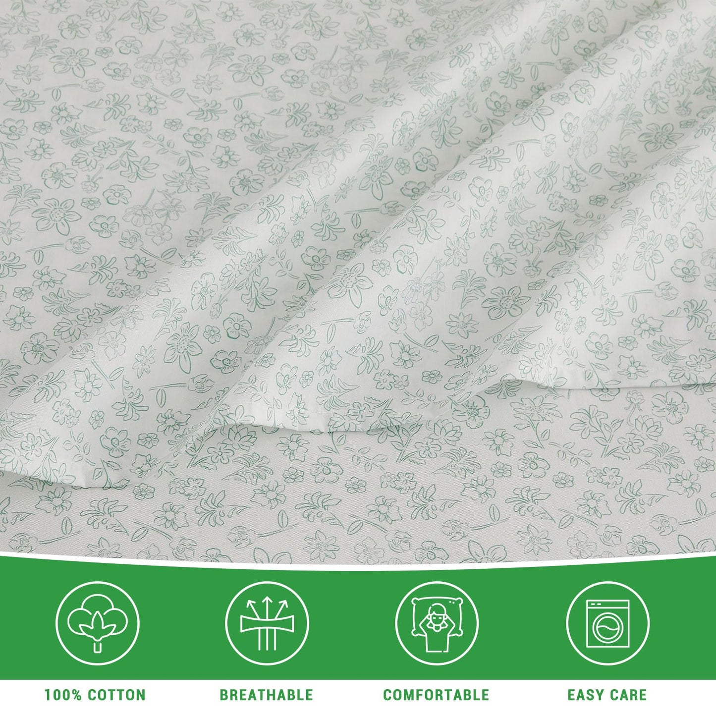 Gogreen 100% Cotton Sheet Set Queen Size, Light Geen Floral, 4PC Set, Breathable Bed Sheet for Hot Sleeper and Night Sweats, Deep Pocket Up to 16 Inches