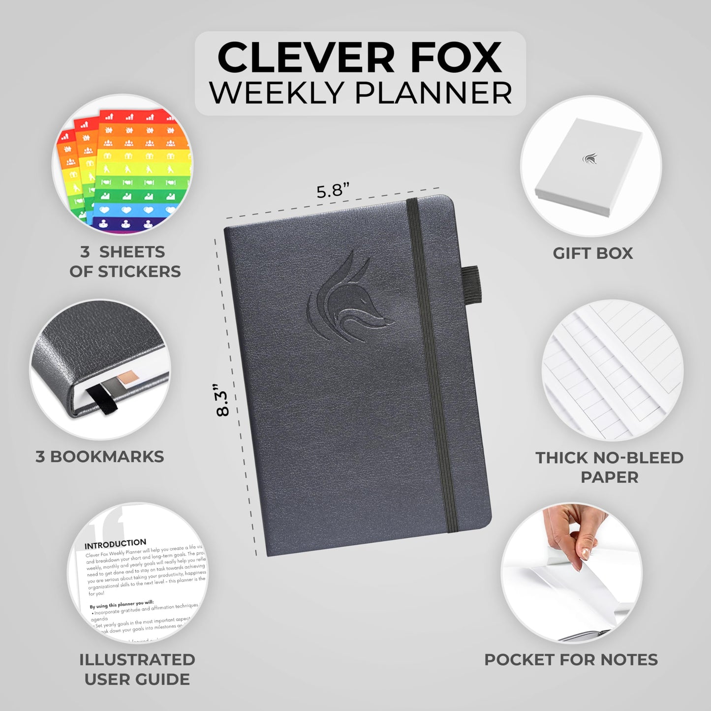 Clever Fox Planner – Weekly & Monthly Planner to Increase Productivity, Time Management and Hit Your Goals – Organizer, Gratitude Journal – Undated, Start Anytime, A5, Lasts 1 Year, Silver Black (Weekly)