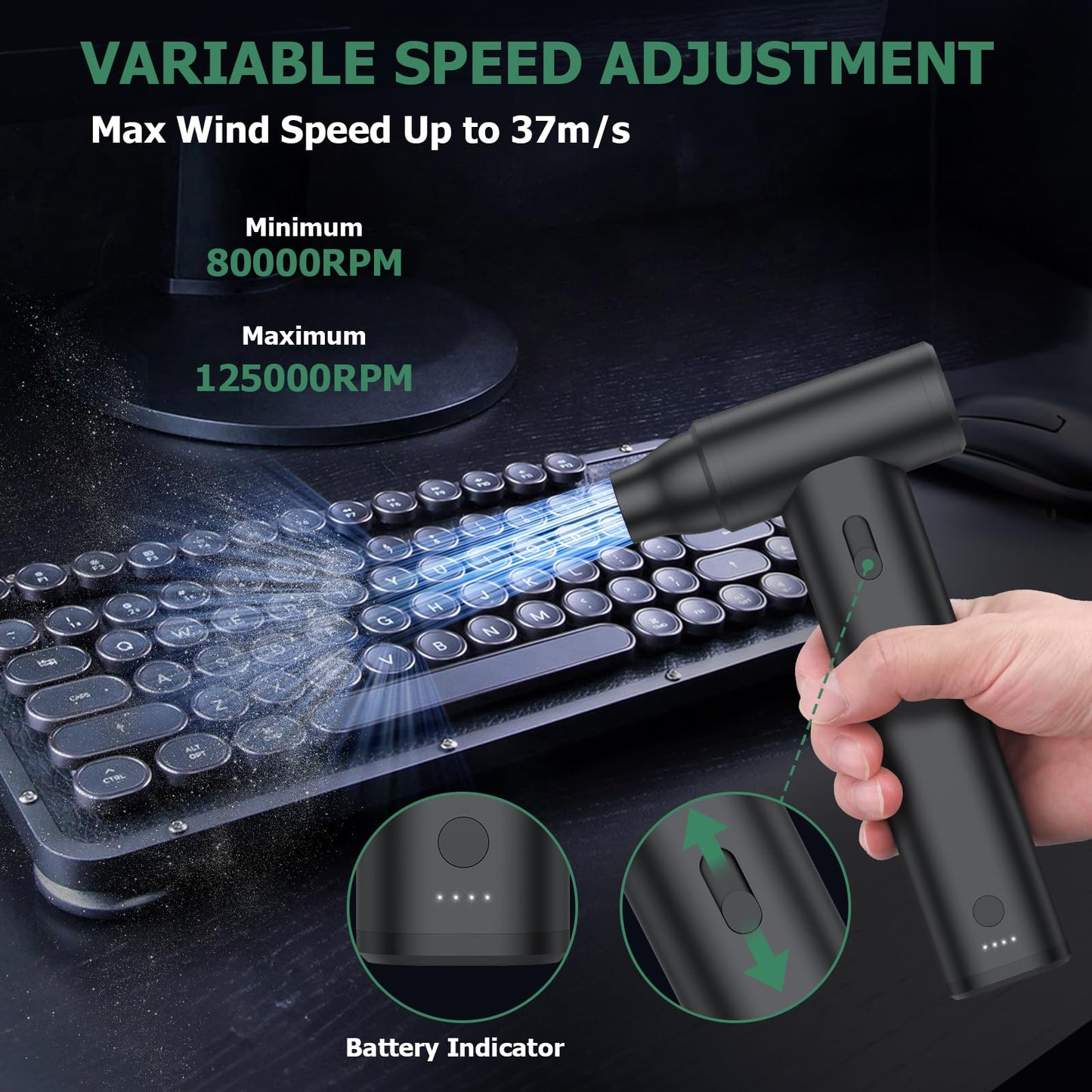 2-in-1 Air Duster and Vacuum Cleaner Cordless Air Blower with Adjustable Speed 37m/s, 4 Removable Nozzles, Rechargeable Mini Blower for Keyboard, PC, Car Cleaning and Outdoor Use