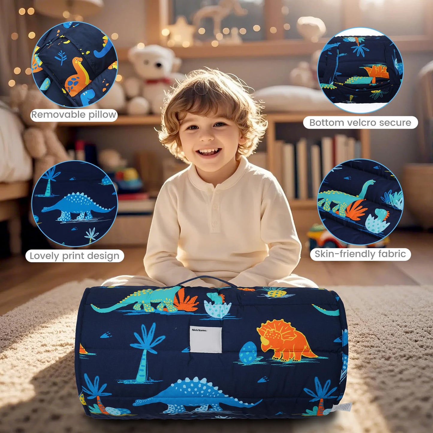 david's kids Toddler Nap Mat Set with Removable Pillow, Ultra Soft Slumber Bags for Boys，Perfect for Preschool, Daycare, Kids Sleeping Bags with Rollup Design, 50"x20", Dinosaur