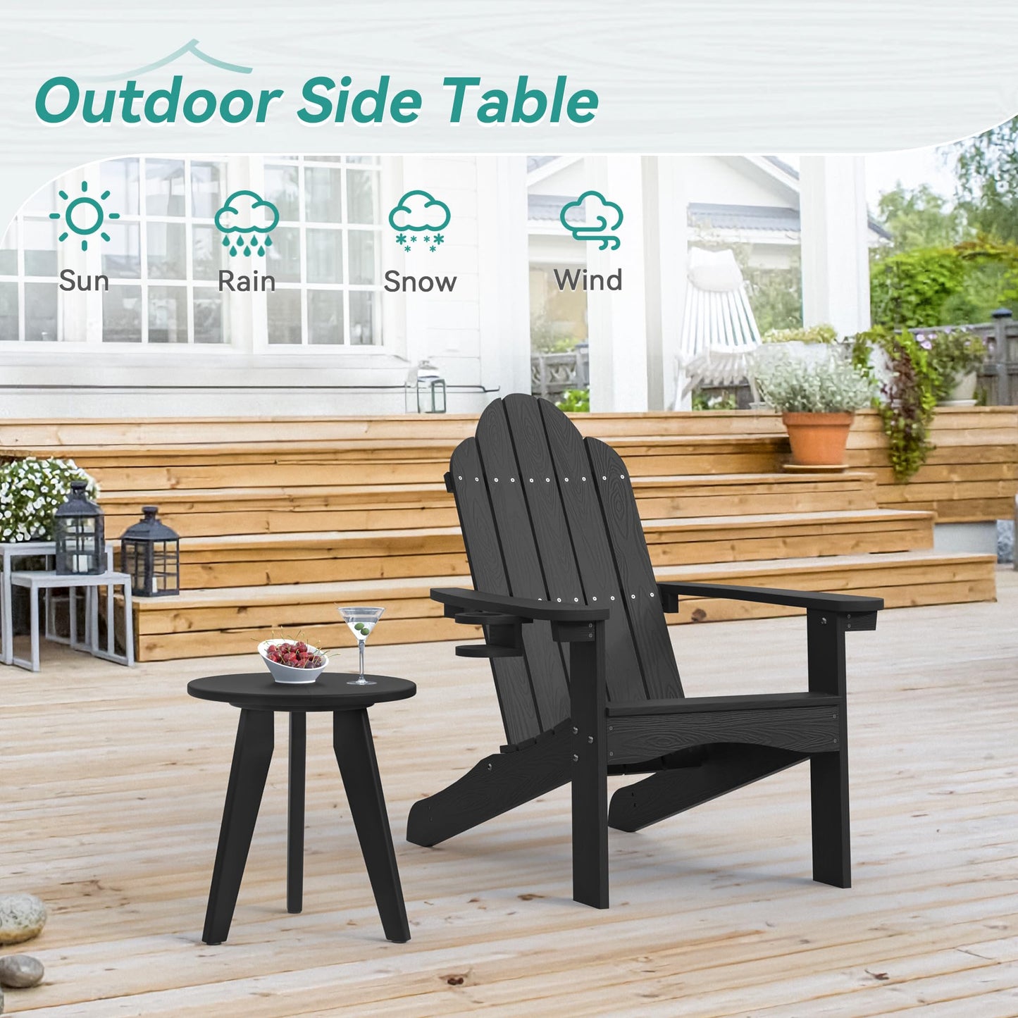Homenjoy HDPE Outdoor Side Table, Small Round Side Table Weather-Resistant, Outdoor Side Tables for Patio, Porch, Deck, End Table for Plant Stand, Living Room, Bedroom, Black