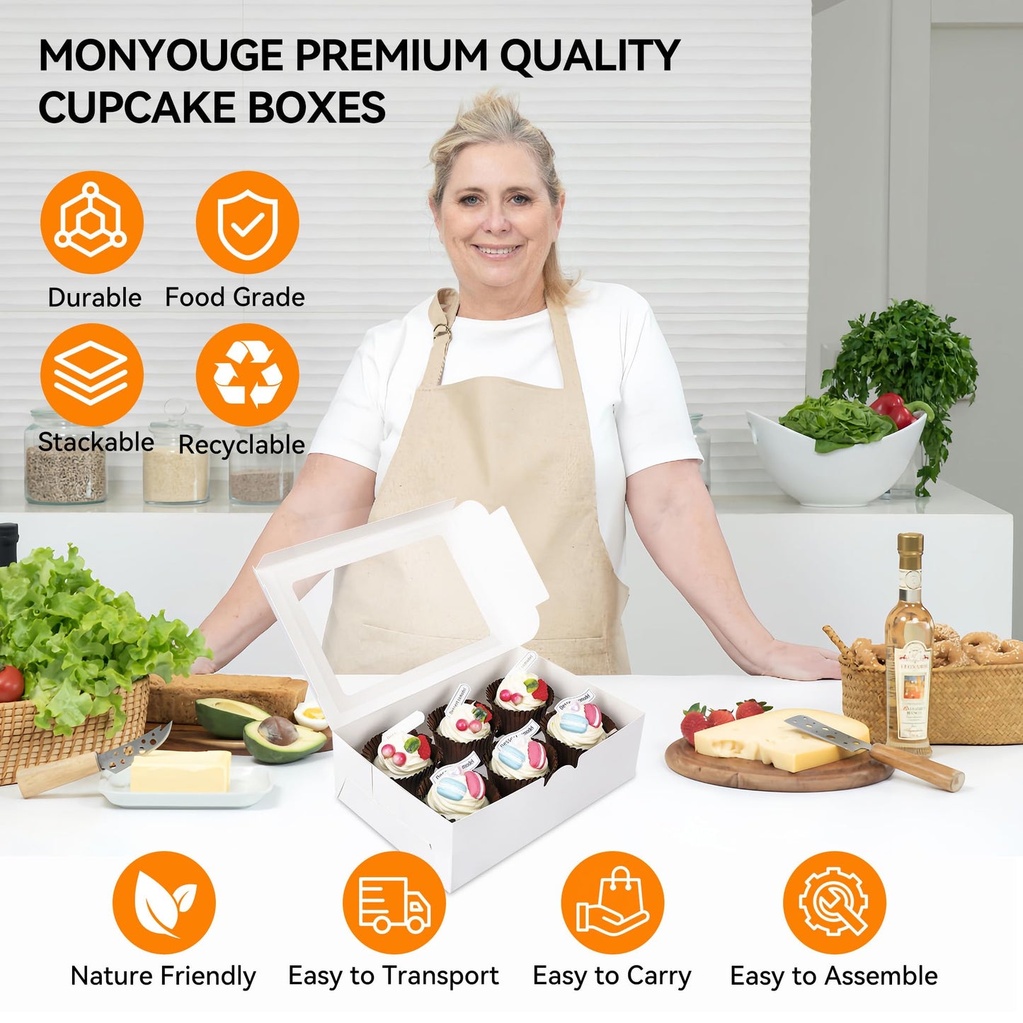 MonYouGe 30-Set Cupcake Boxes Bulk with Clear Display Window Hold 6 Standard Cupcakes, Disposable Food Grade White Cupcake Carrier Cupcake Container, Perfect for Cupcakes Muffins Cookies Pastries