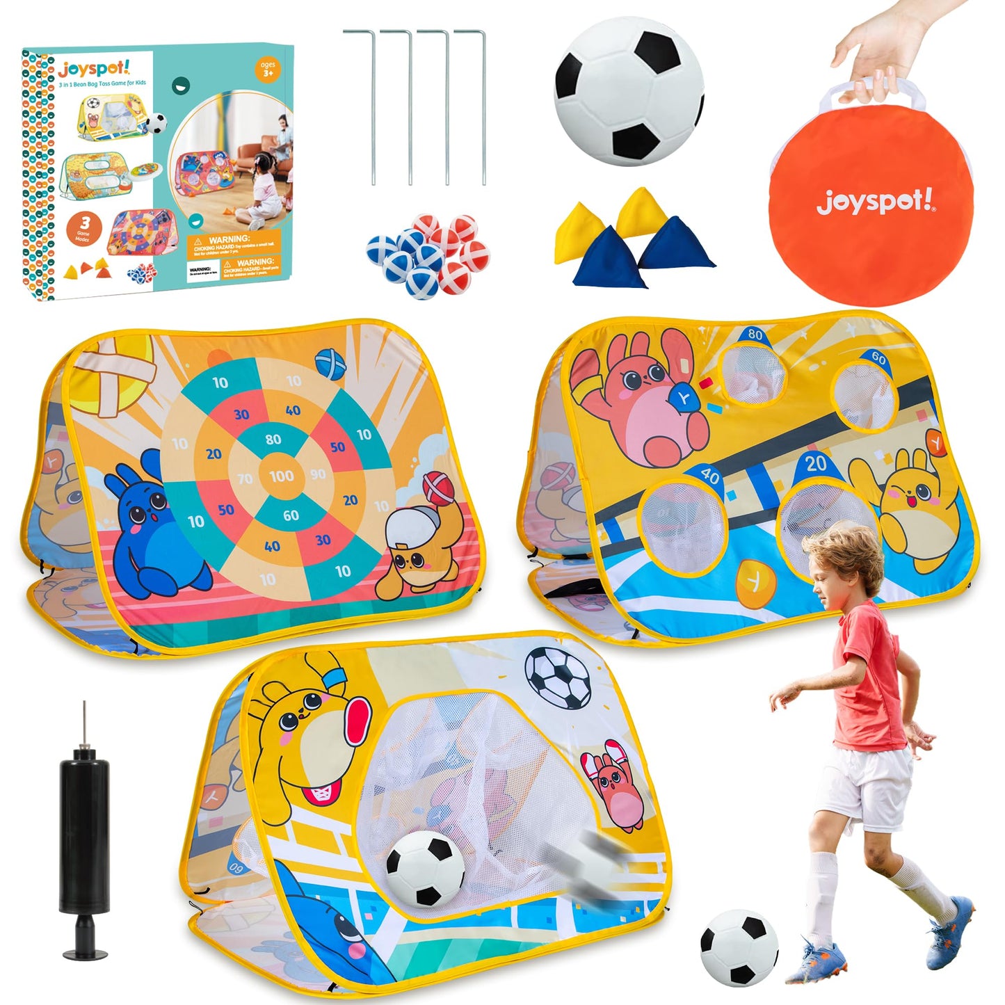 Giant 3-in-1 Bean Bag Toss Game for Kids, Toddler Toys Soccer Goal Board, Dartboard, Outdoor Outside Carnival Combo Set for Backyard Beach Lawn Party Fun, Birthday for Boys Girls 1-3 2-4 4-8