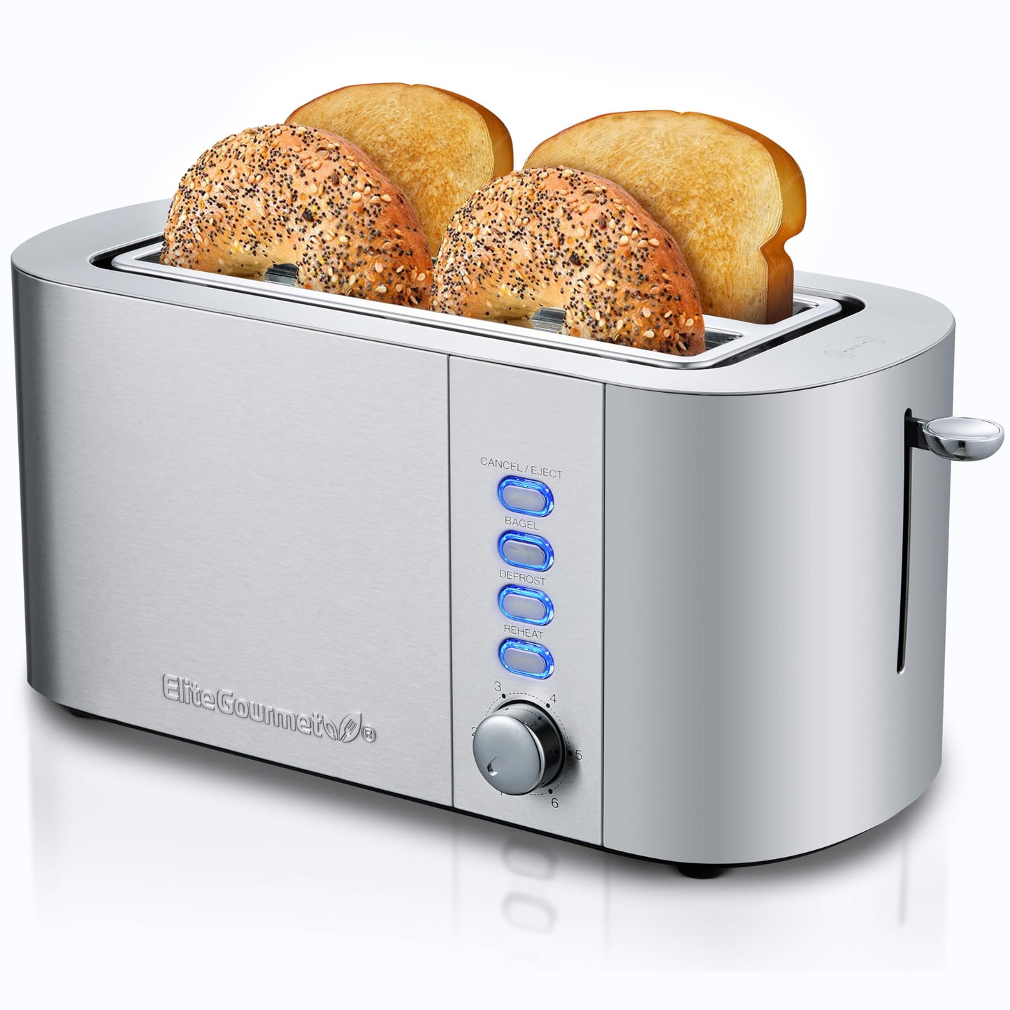 Elite Gourmet ECT4123X Long Slot 4 Slice Toaster, Extra Wide 1.5" and 5.1" Deep Slots, Bagel, Defrost & Cancel Functions, 6 Toast Shade Settings, Fits Bagels, Waffles, Artisan Breads, Stainless Steel