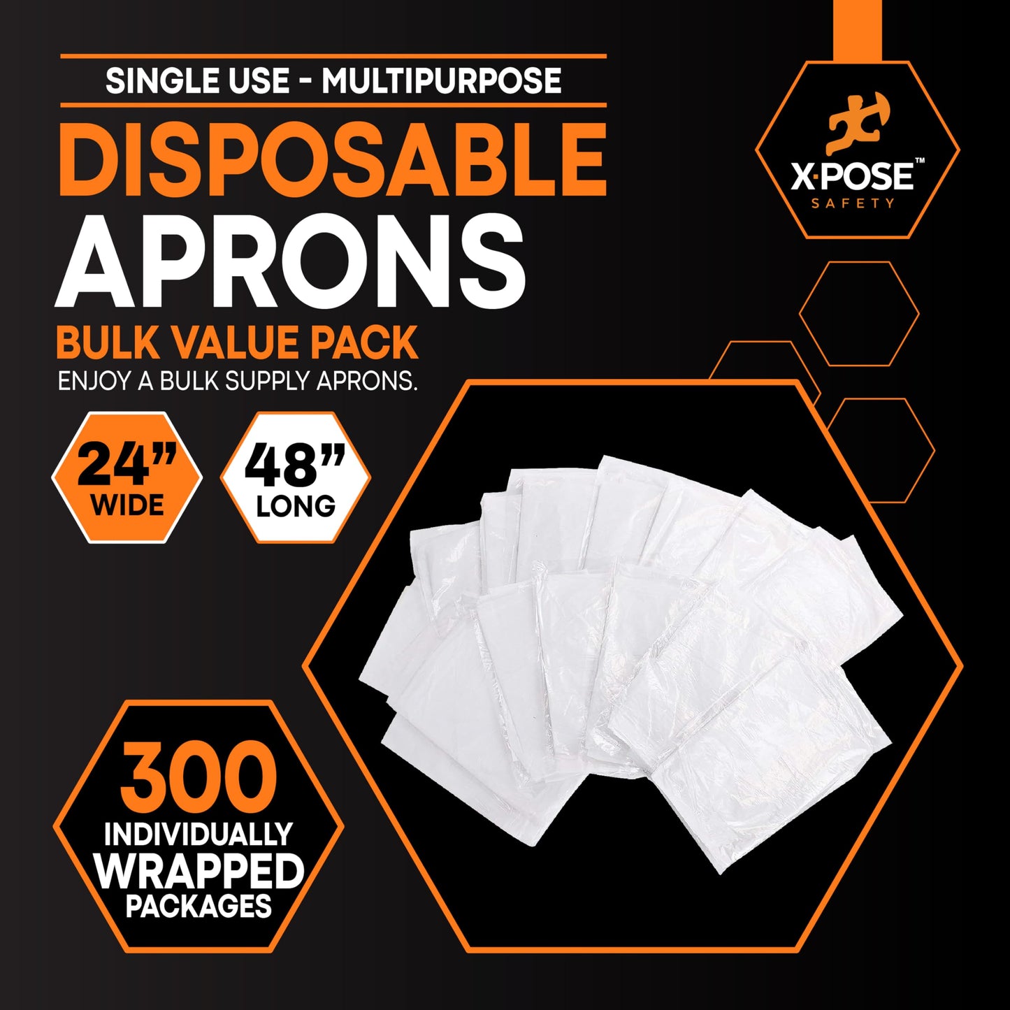 Xpose Safety 300 White Plastic Disposable Aprons for Cooking & more Individually Packaged, Durable 1 Mil Waterproof Polyethylene 24" x 48"