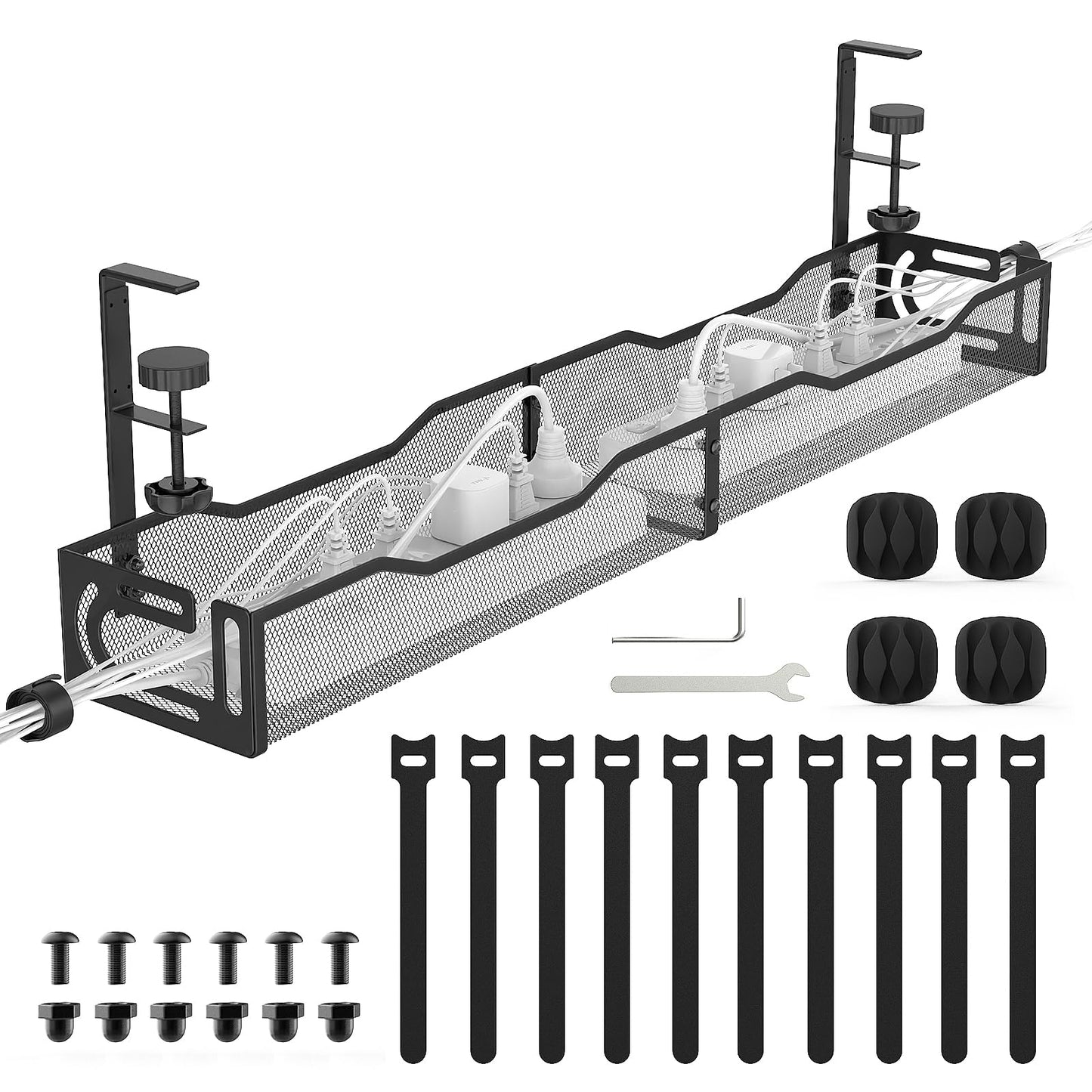 Extended Length Under Desk Cable Management Tray No Drill, Metal Mesh Cable Tray with Clamp for Desk Wire Management, Desk Cable Management Box and Cord Organizer for Office, Home