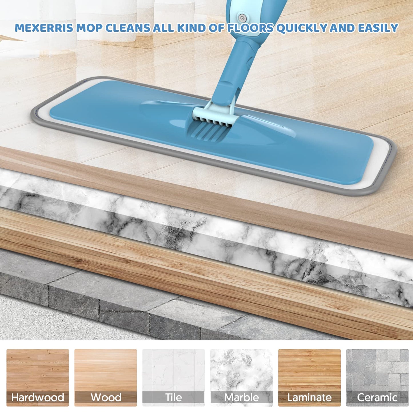 Spray Wet Mops for Hardwood Floor Cleaning - MEXERRIS Microfiber Hardwood Floor Mops with Sprayer 4 Reusable Washable Pads 2 Bottles Commercial Home Use for Laminate Wood Vinyl Tiles