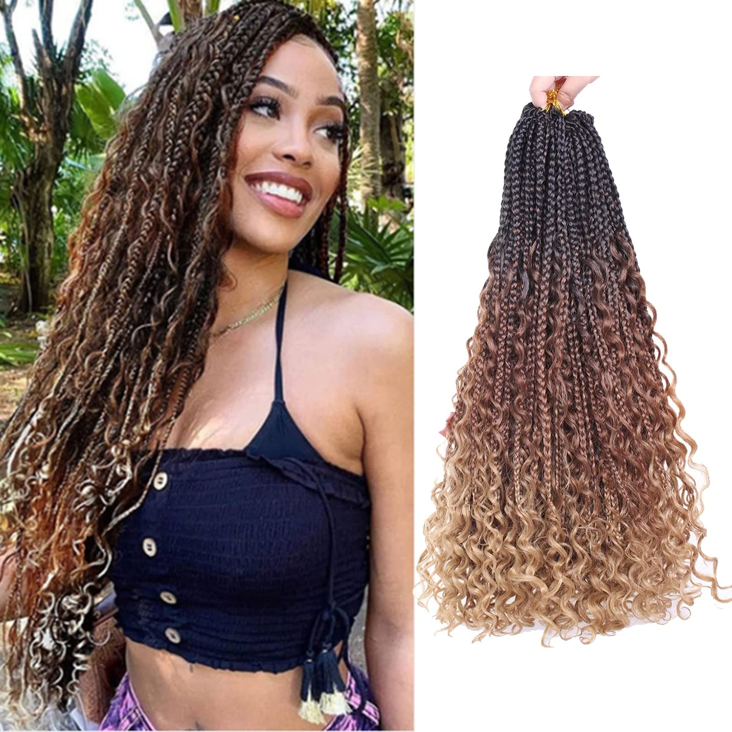 WoWCFyyds 8 Packs Crochet Braids Hair Curly 24 Inch Goddess Box Braids Crochet Hair Bohemian Hippie Braids Extensions with Curly Ends Synthetic Hair Extensions for Braids（1B/30/27）