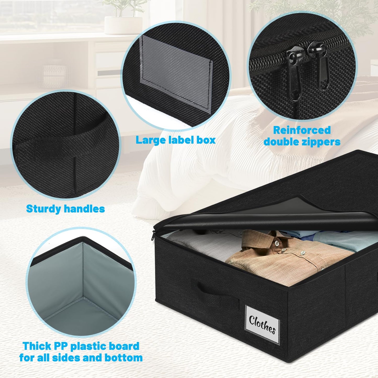 2 Pack Under Bed Storage Bins 12cm (4.5") Tall, Low Profile Underbed Clothes Storage Containers with Lids, Foldable Thick Fabric Underbed Storage Box for Blankets, Clothes, Toys w/Sturdy Bottom/Sides