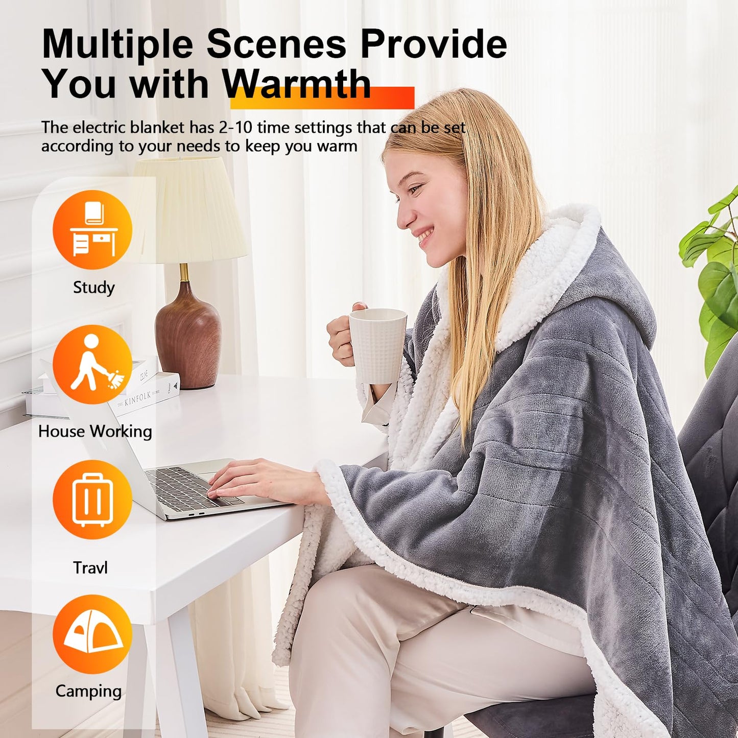 greenoak Wearable Heated Throw Blanket Electric Shawl - Heated Robe Poncho Blanket Hoodie for Adult, Winter Gifts for Mom Women Girlfriend Grandma 5-Position Timer 10-Heating Levels,Ash Gray
