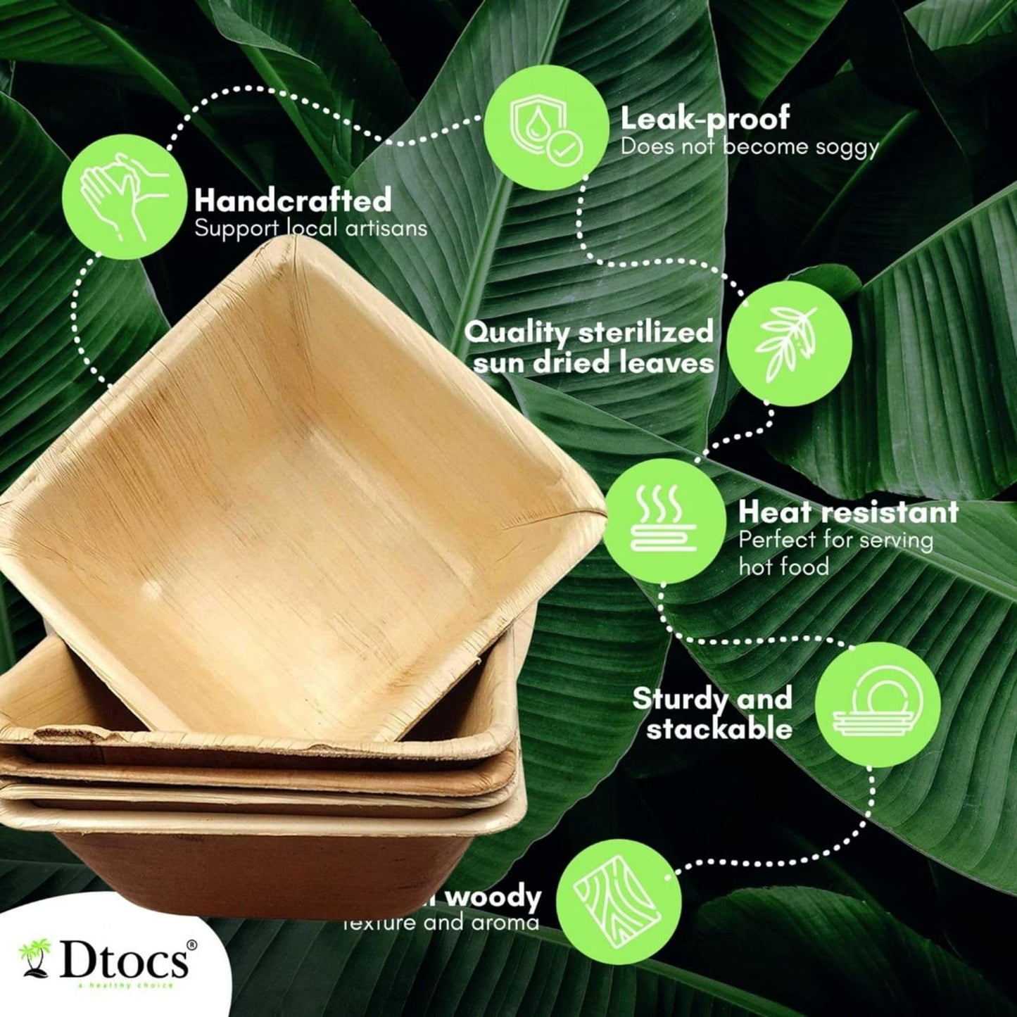 5 Inch Palm Leaf Bowls Square (50 Pack) | Small Bamboo Look Compostable Bowls | Rustic Disposable Dinnerware for Snacks, Appetizer, Dip, Dessert, Salad, Soup | Bamboo, Plastic, Paper Bowl Alternative