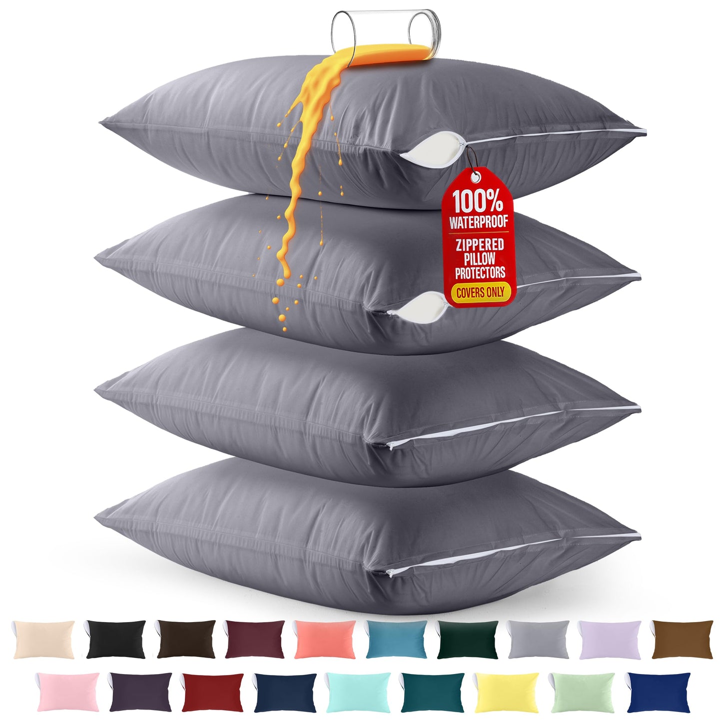 Utopia Bedding 4 Pack Waterproof Pillow Protectors with Zipper Queen Size (Gray), Bed Bug and Dust Mite Proof Pillow case Covers, Moisture Wicking Pillow Encasements 20 x 28 Inches