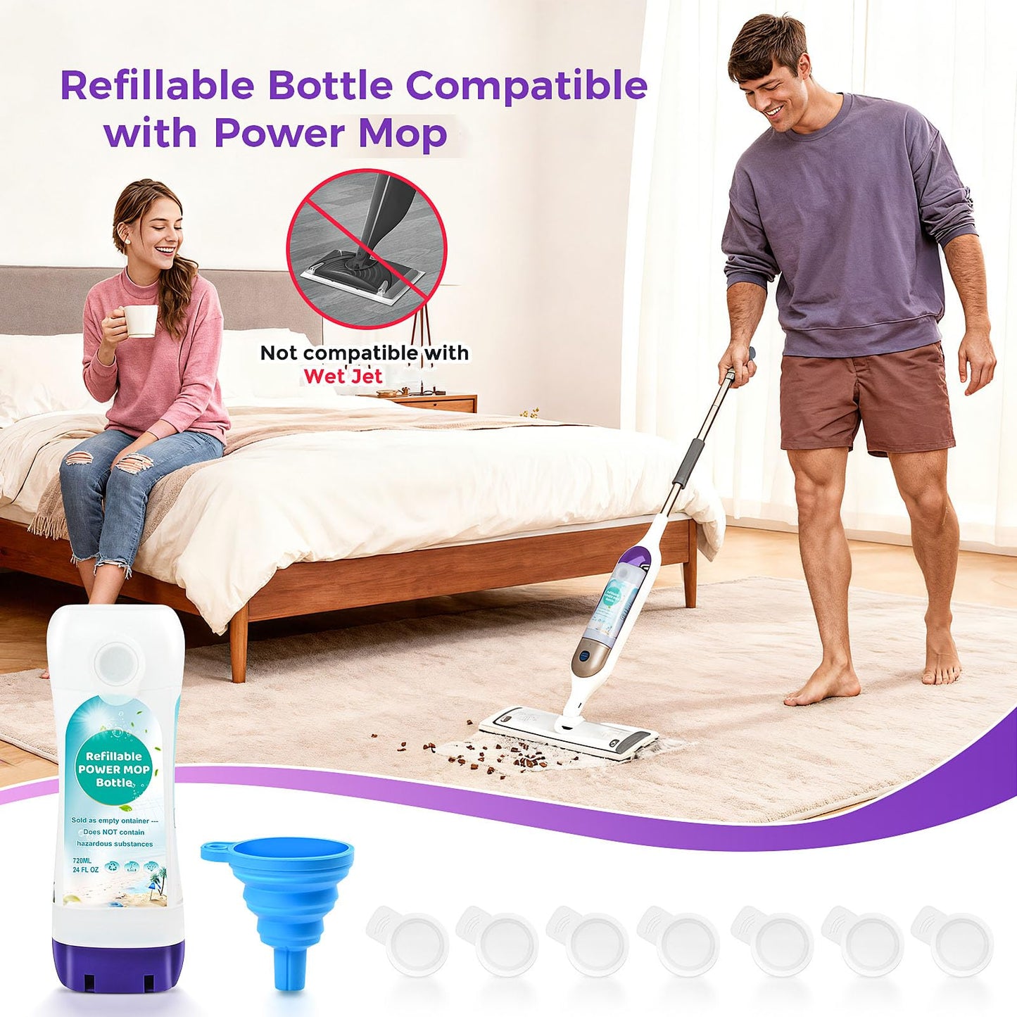 DrFlito Refillable Bottle Compatible with Swiffer Power Mop – 720ML / 24 FL.OZ Leak-Proof HDPE Reusable Solution Container with 7 Sealing Pads & 1 Folding Funnel, Use Any Liquid Cleaner,Empty