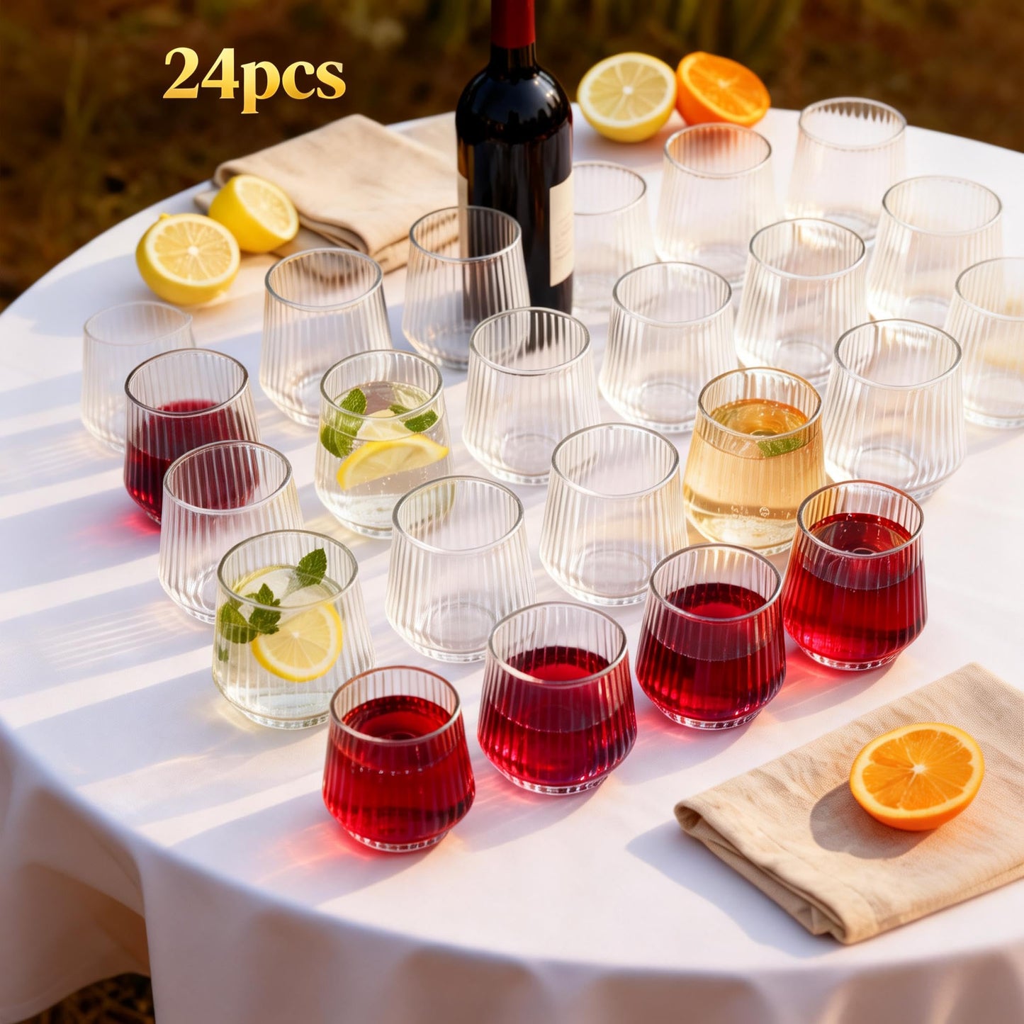 24pcs Plastic Wine Glasses - 14oz Unbreakable Stemless Ribbed Tumblers, Clear PET Disposable Cups for Wedding Party Camping, BPA-Free Reusable Cocktail Glasses (Hand Wash Only)