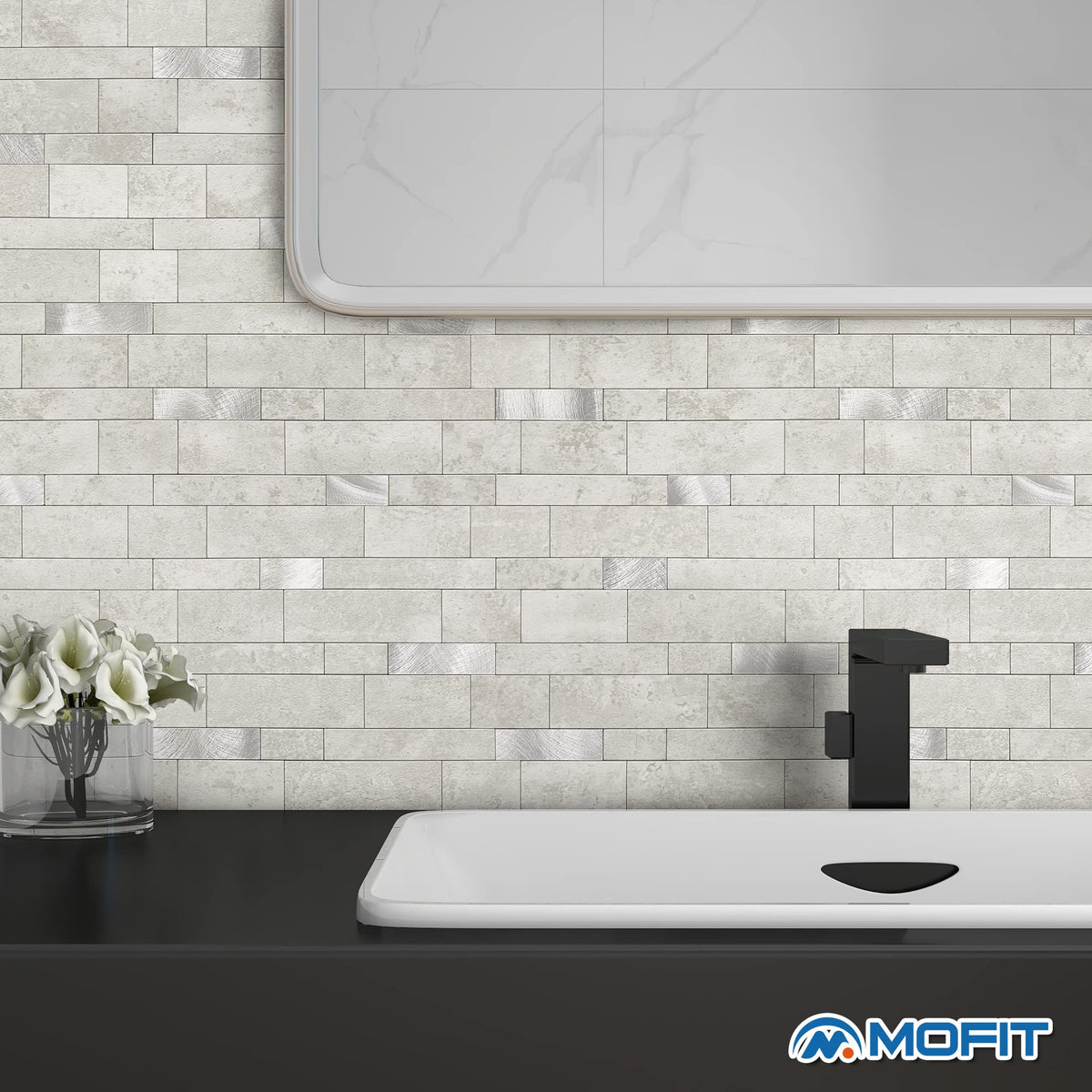 M MOFIT Backsplash Tile for Kitchen Peel and Stick Stone Matte Finish,Bathroom Tiles Stickers 3D Wall Panel Linear Mosaic Marble Backsplash Waterproof(10sheets,Cement Grey)