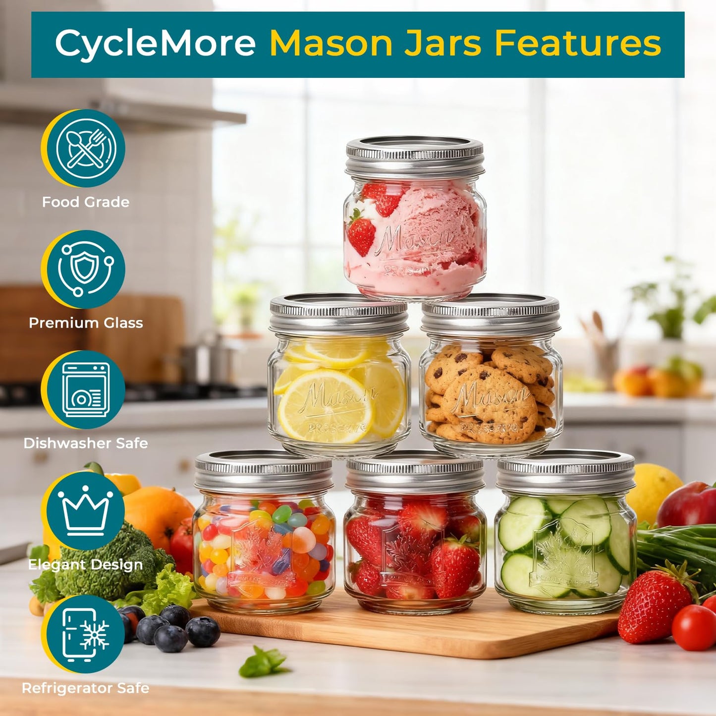 CycleMore 8oz 12 Pack Mason Jars with Silver Metal Lids, Embossed Design Canning Jars, Clear Glass Storage Jars for for Gifts, Jam, Pickling, Crafts, Wedding Favors & Home Decor