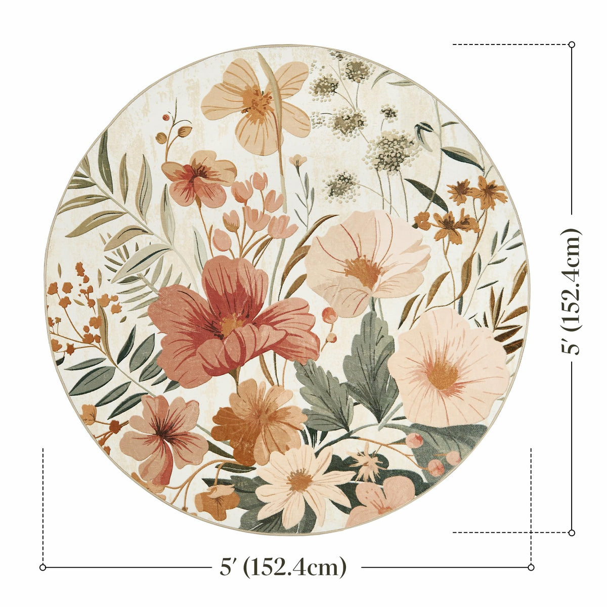 jinchan Floral Round Rug 5ft Area Rug Indoor Circle 5' Round Washable Modern Oriental Flower Print Non Slip Carpet for Living Room Dining Room Bedroom Entryway Office Decor Pink/Grey