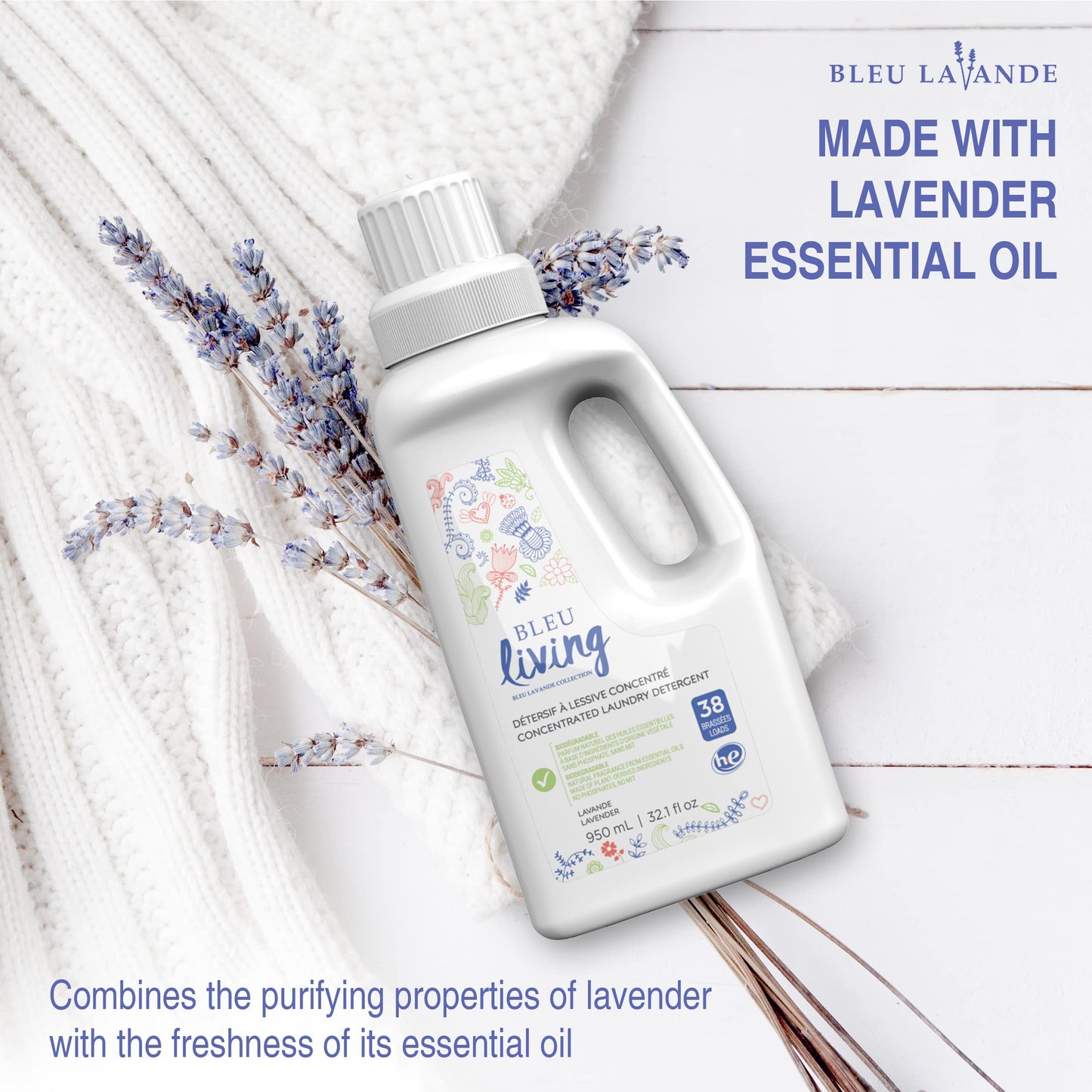 Bleu Lavande - Natural Liquid Laundry Detergent - Concentrated Detergent - Made with Pure Lavender Essential Oil - Biodegradable - No Phosphates - No artificial fragrances - 3x 32.1 Fl Oz - 3 Pack