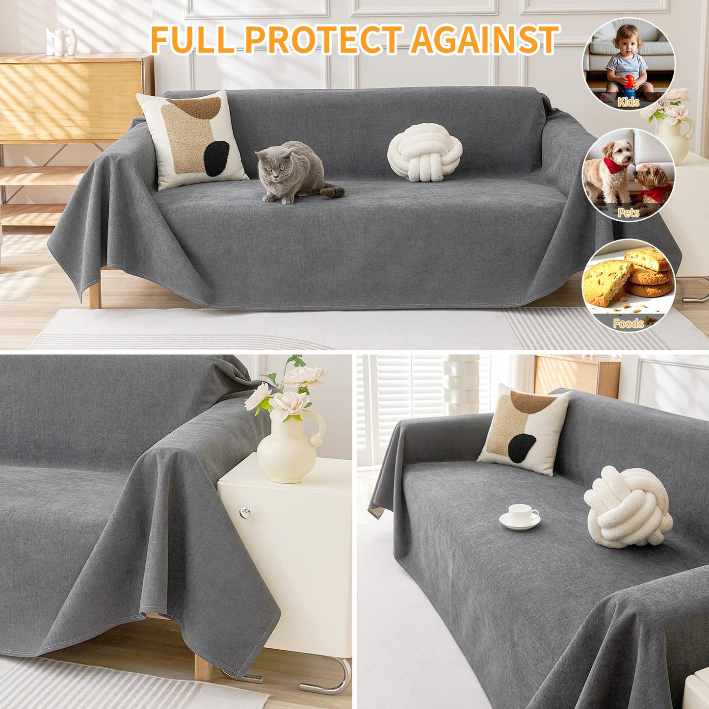 Deep Dream Cat-Scratch Resistant Couch Cover, Waterproof Sofa Cover for 3 Cushion Couch Washable, Pet Friendly Couch Protectors Anti Slip Love Seat Slipcovers for Dogs Pets,71" x 118",Dark Grey