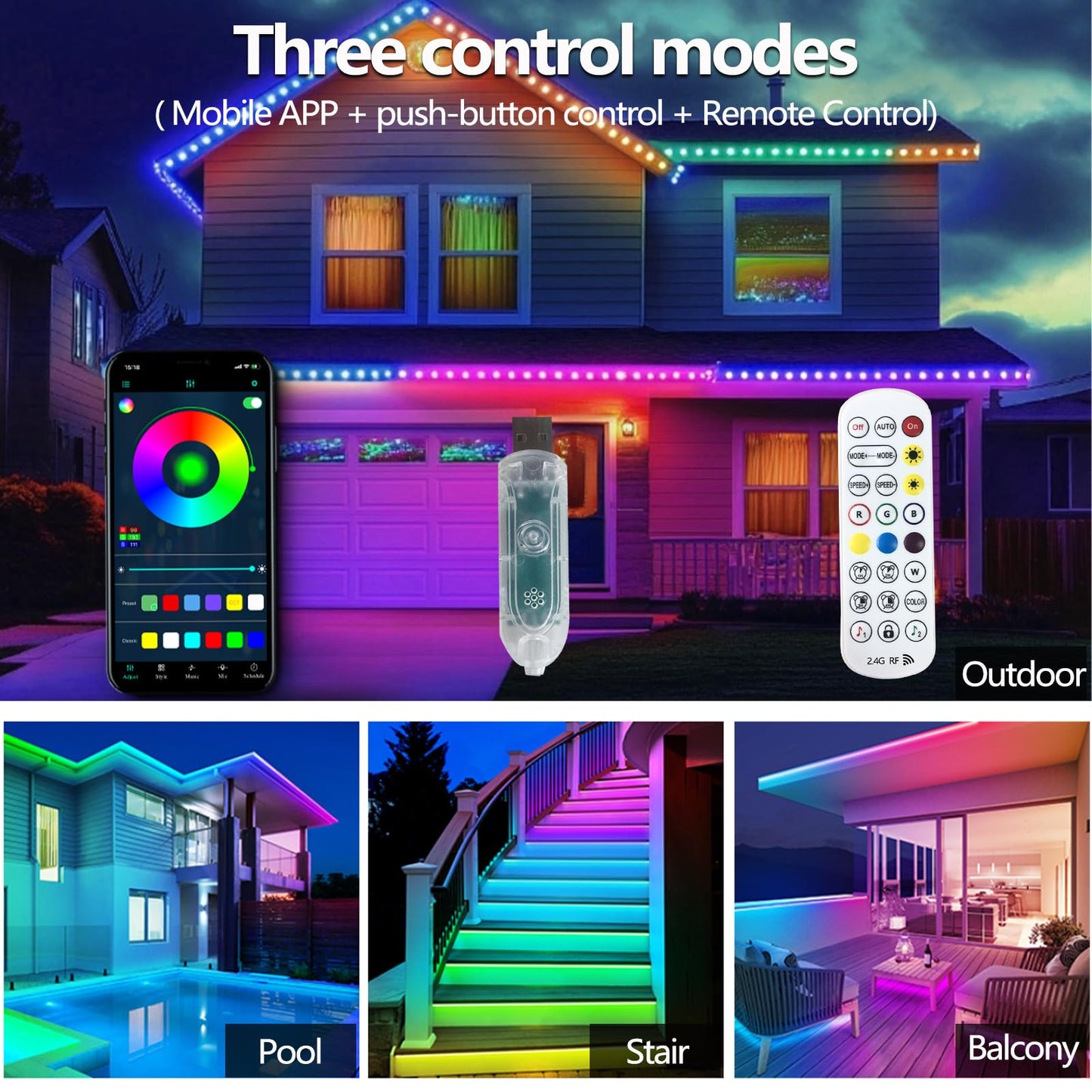 httpsmp 50FT Ws2812 RGB+IC LED Strip Lights IP68 Outdoor Waterproof, 5V USB Powered, Music Sync Bluetooth APP/RF Remote Control Lights for Balcony,Deck,Camping,Garden,Bedroom Decor