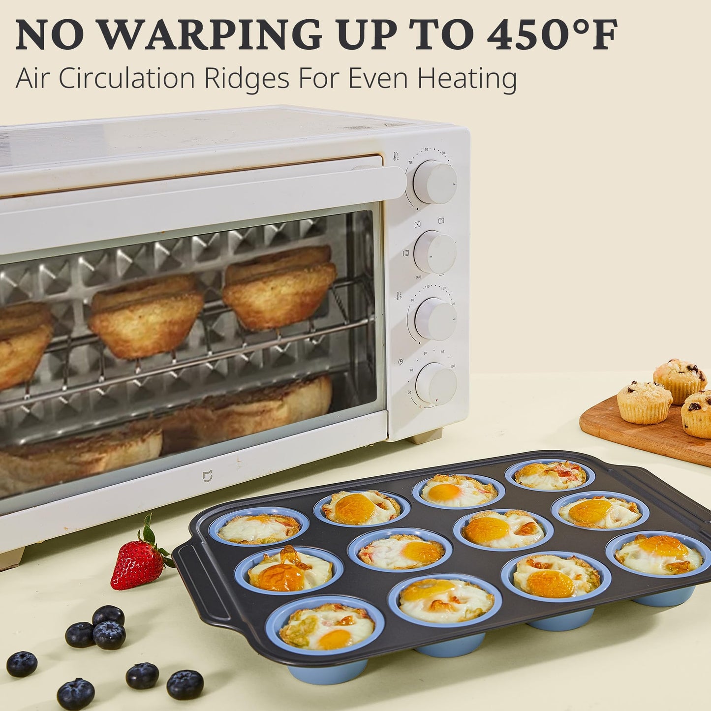 BRONYPRO Silicone Muffin Pan with Metal Frame, Egg Bite Maker Silicone Molds for Baking, Cupcake Pans 12 Regular Size, Muffin Tins Easy to Pop Nonstick Non Toxic Bakeware for Oven,Blue