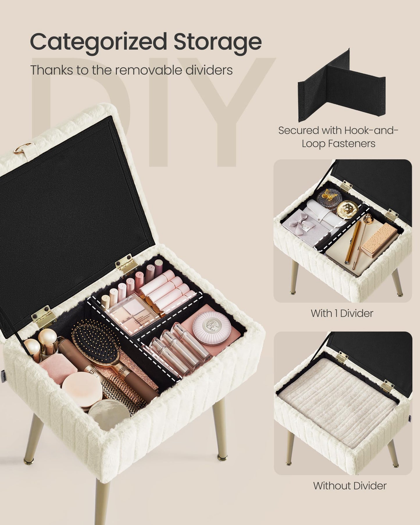 SONGMICS Vanity Stool Chair with Storage, Makeup Stool, Footrest Footstool Ottoman, Metal Legs, Adjustable Feet, for Living Room, Bedroom, Makeup Room, Cream White ULOM505WZ02