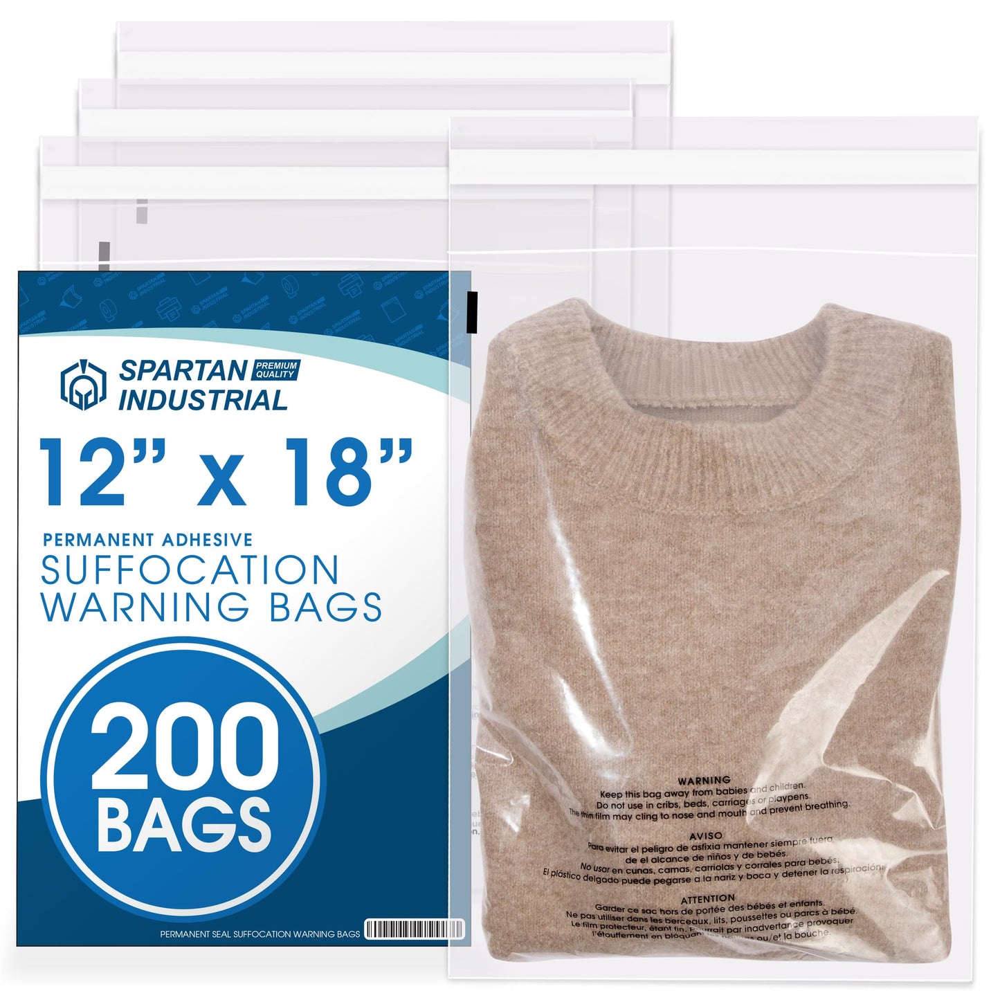 Spartan Industrial - 12” X 18” (200 Count) Self Seal Clear Poly Bags with Suffocation Warning for Packaging, Clothes - Permanent Adhesive