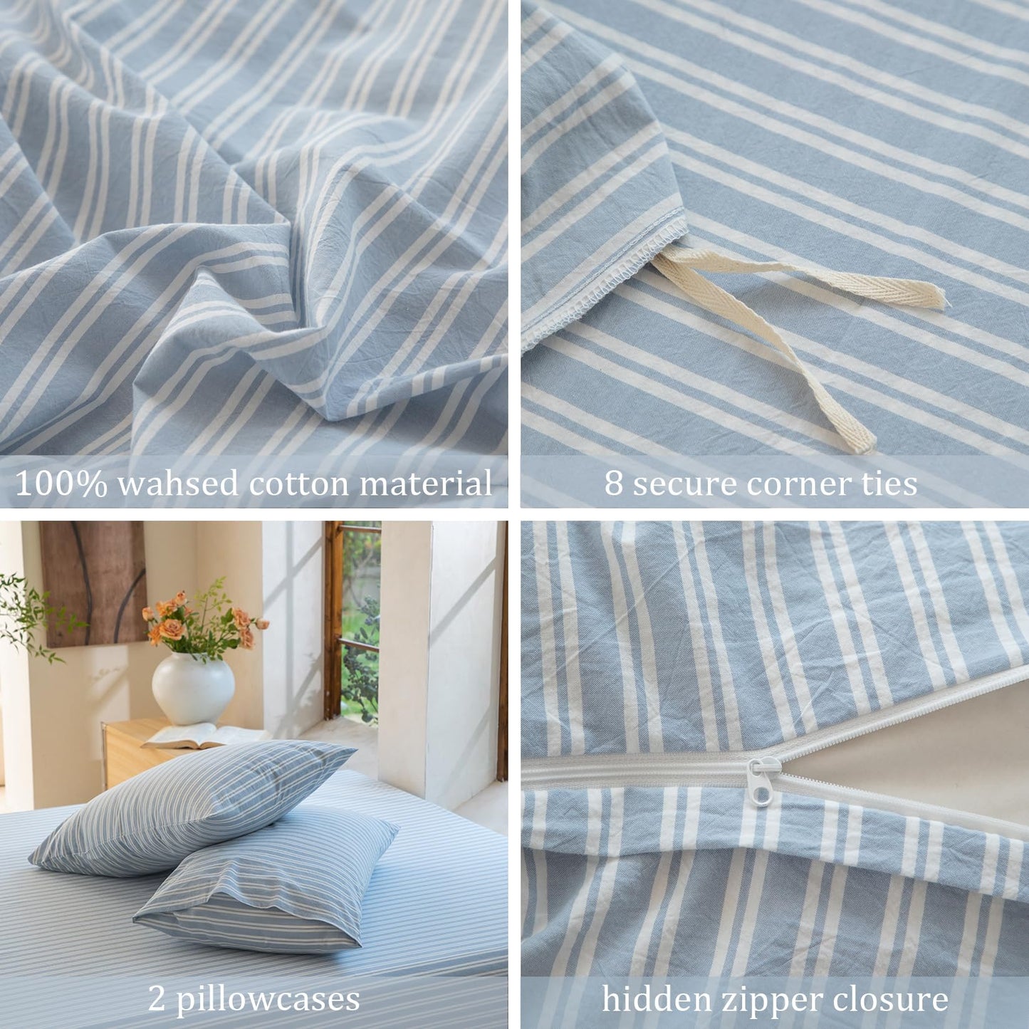 BESTDESIL Luxury 100% Washed Cotton Linen Like Duvet Cover Set,3 Pcs Striped Duvet Cover with Zipper Closure(Strip-Cornflower Blue/White,Full Size)