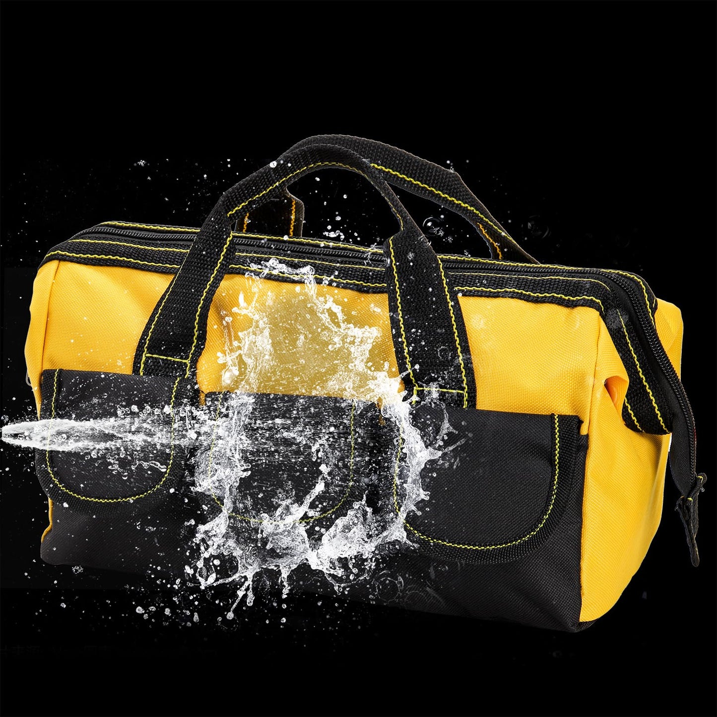 Mezchi 3 Pack 12 Inch Tool Bag, Wide Mouth Tool Tote Bag with Waterproof Base, Heavy Duty Tool Storage Bag Organizer for Various Tools, 5 Pockets, Blue, Yellow, Red