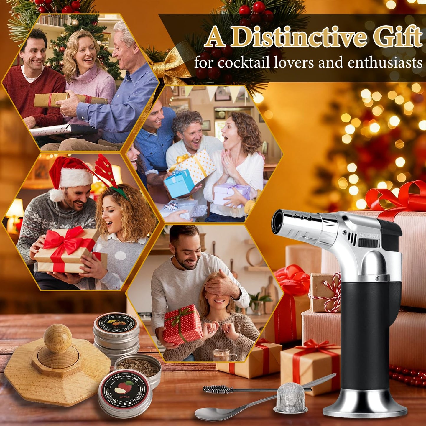 Whiskey Smoker Kit with Torch, Old Fashioned Cocktail Smoker Kit, Christmas Birthday Gifts for Him Dad Men Husband Grandpa, 6 Flavors Wooden Chips, 4 Granite Whiskey Stones, Ice Ball included