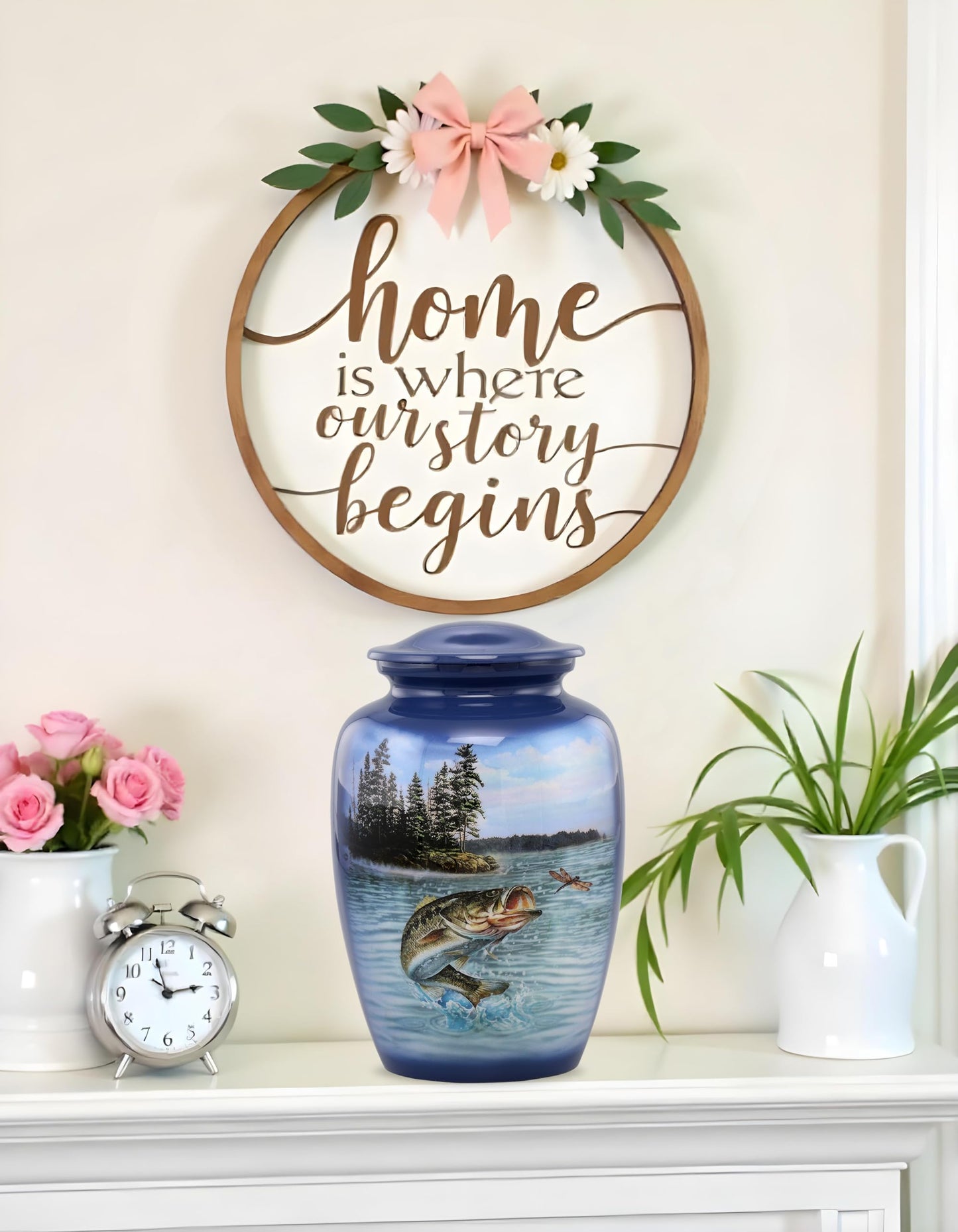 Bass Fishing Urn - Bass Fish Cremation Urn for Ashes - Adult Fishing Urn - Handcrafted Adult Bass Fish Funeral Urn - Fishing Memorial Urn with Velvet Bag (Large)